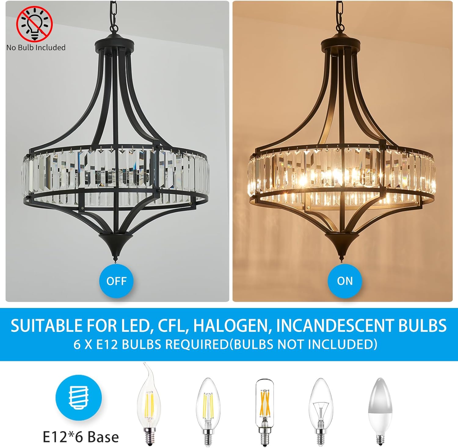 XINGQI Black Crystal Chandeliers for Dining Room, 21.6" Large Rustic Farmhouse Chandelier with Round Metal Shade, 6-Light Dining Room Light Fixture for Kitchen Island Hallway Bedroom