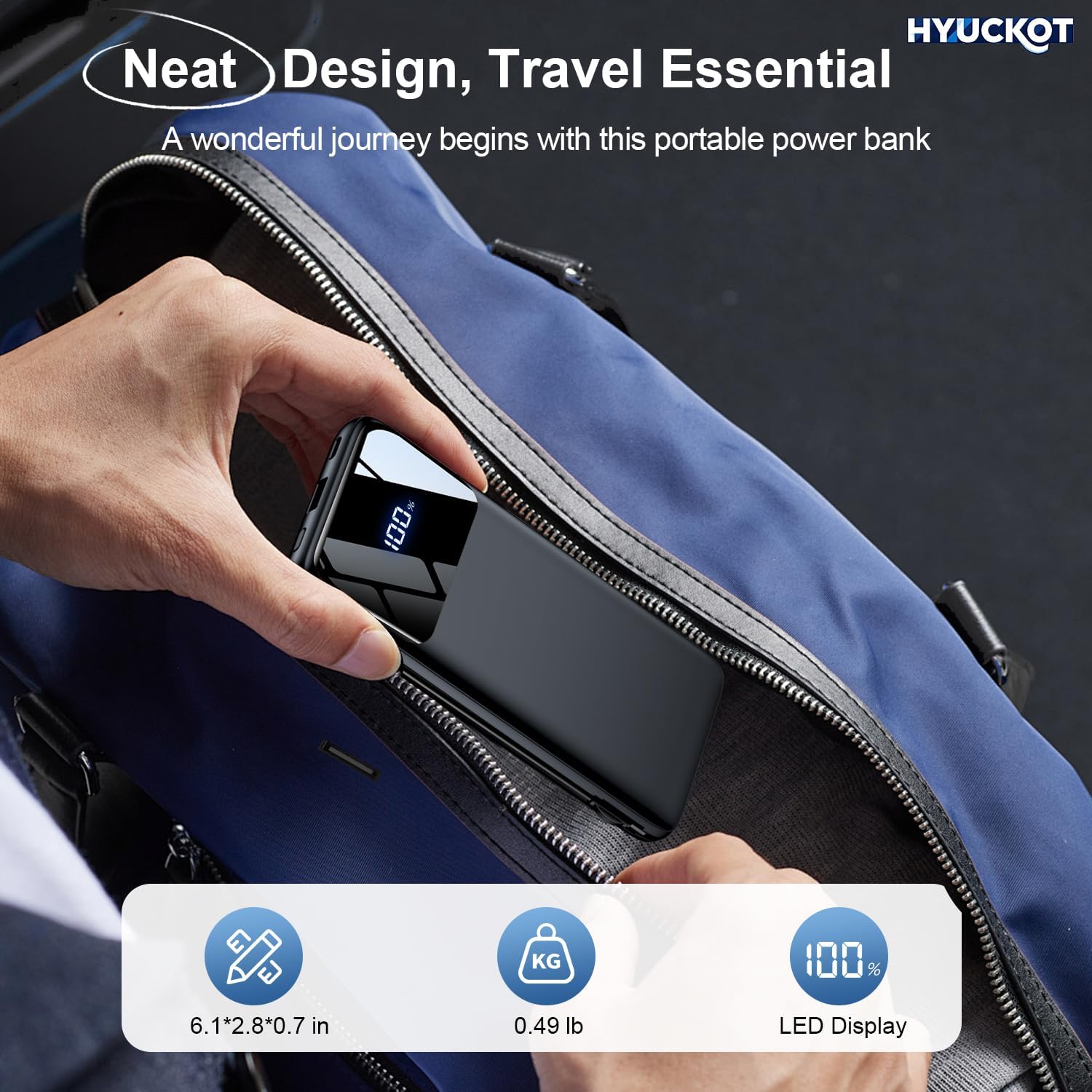 The HYUCKOT K11 Portable Charger being placed into a bag, emphasizing its slim design and portability.