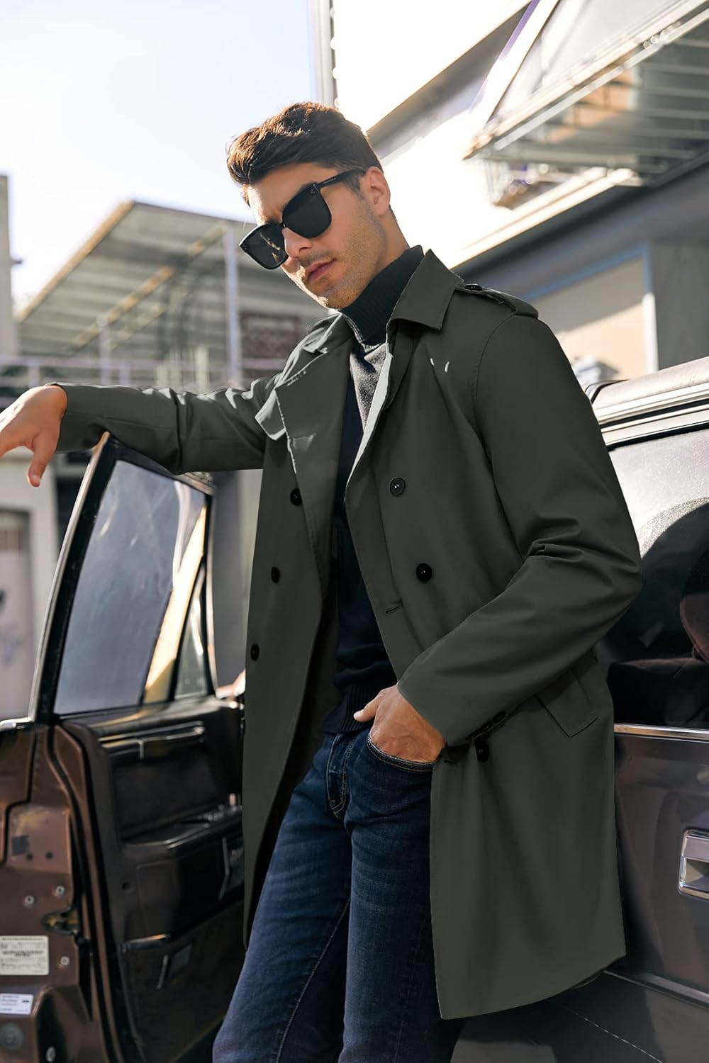 PASLTER Mens Trench Coat Notched Lapel Double Breasted Long Jacket Windbreaker Overcoat Pea Coat - Image 2