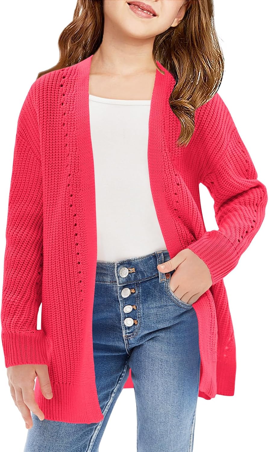Haloumoning Girls Open Front Cardigan Sweaters Kids Fall Fashion Side Slit Outerwear 5-14 Years