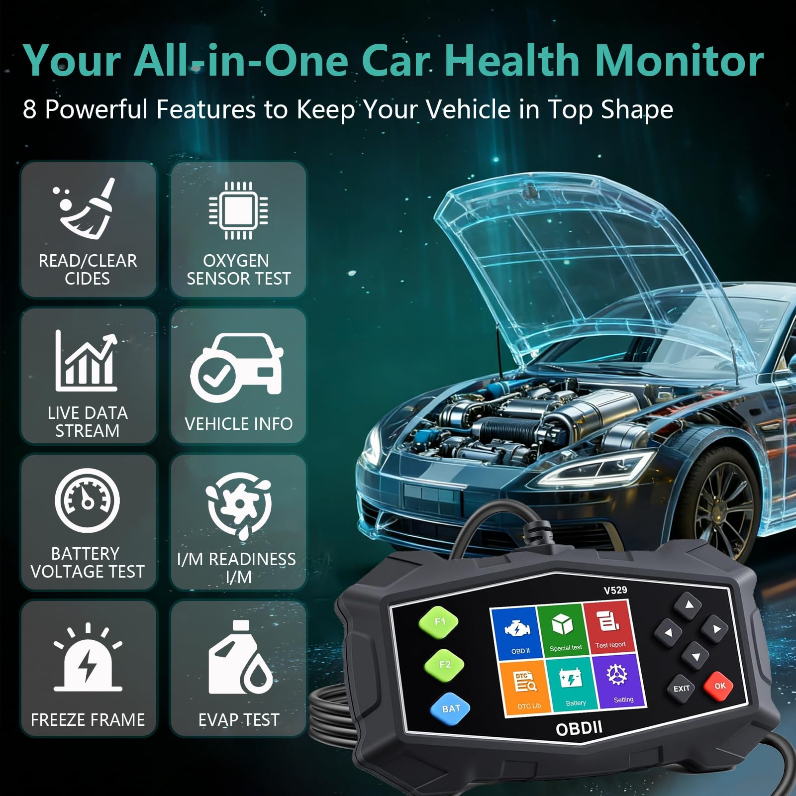 OBD2 Diagnosegerät, OBD Diagnosegerät Auto Scanner für Alle Fahrzeuge, KFZ Fehlerauslesegerät mit OBDII Funktionen, Deutsch Lesegerät kompatibel mit Ford BMW VW Mercedes Audi