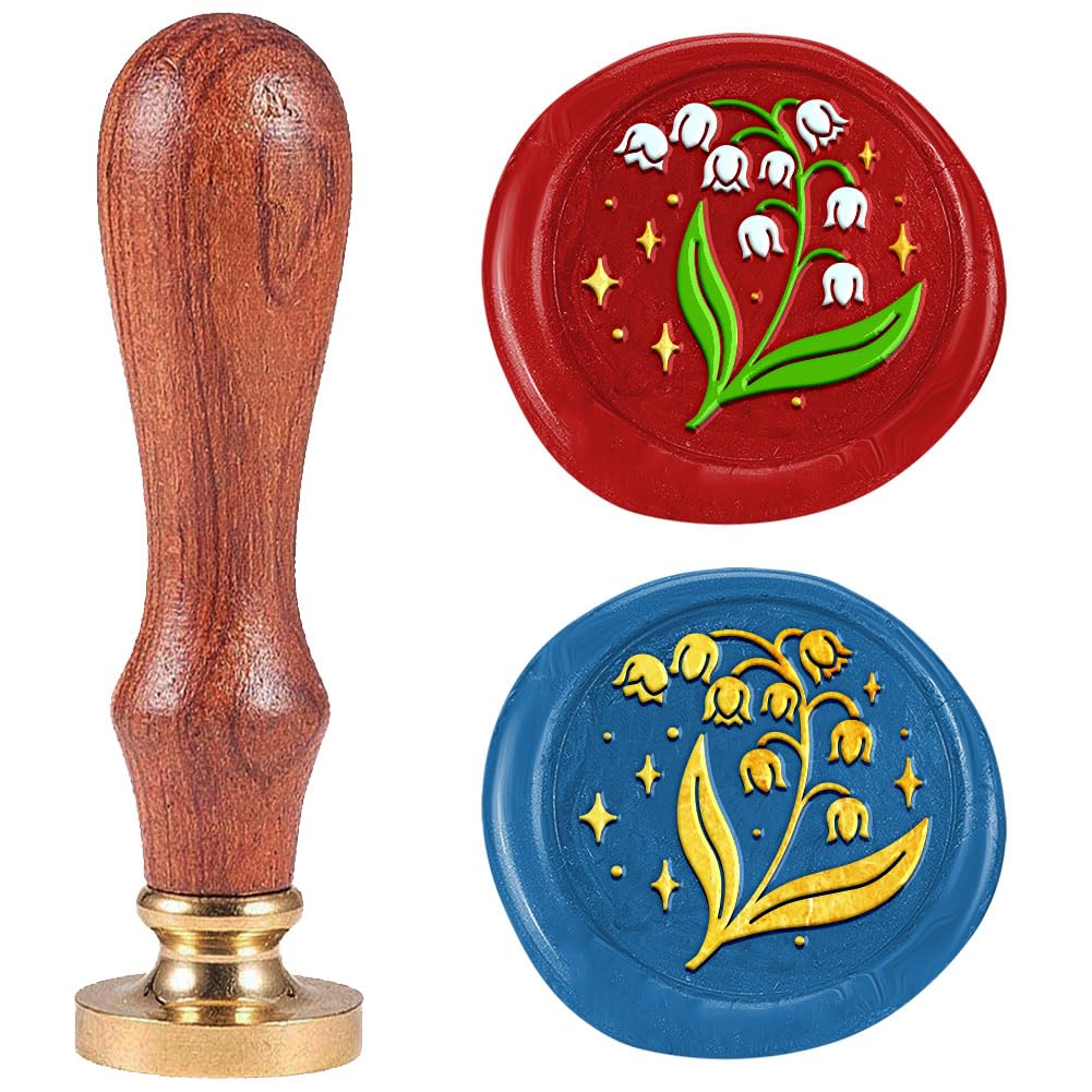 DELORIGIN Lily of the Valley Flower Wax Seal Plants Stamp Embossed Stamp Sealing Removable 1" Brass Wax Seal Stamp Head with Wooden Handle Sealing Wax for Wedding Invitations Greeting Card Envelopes