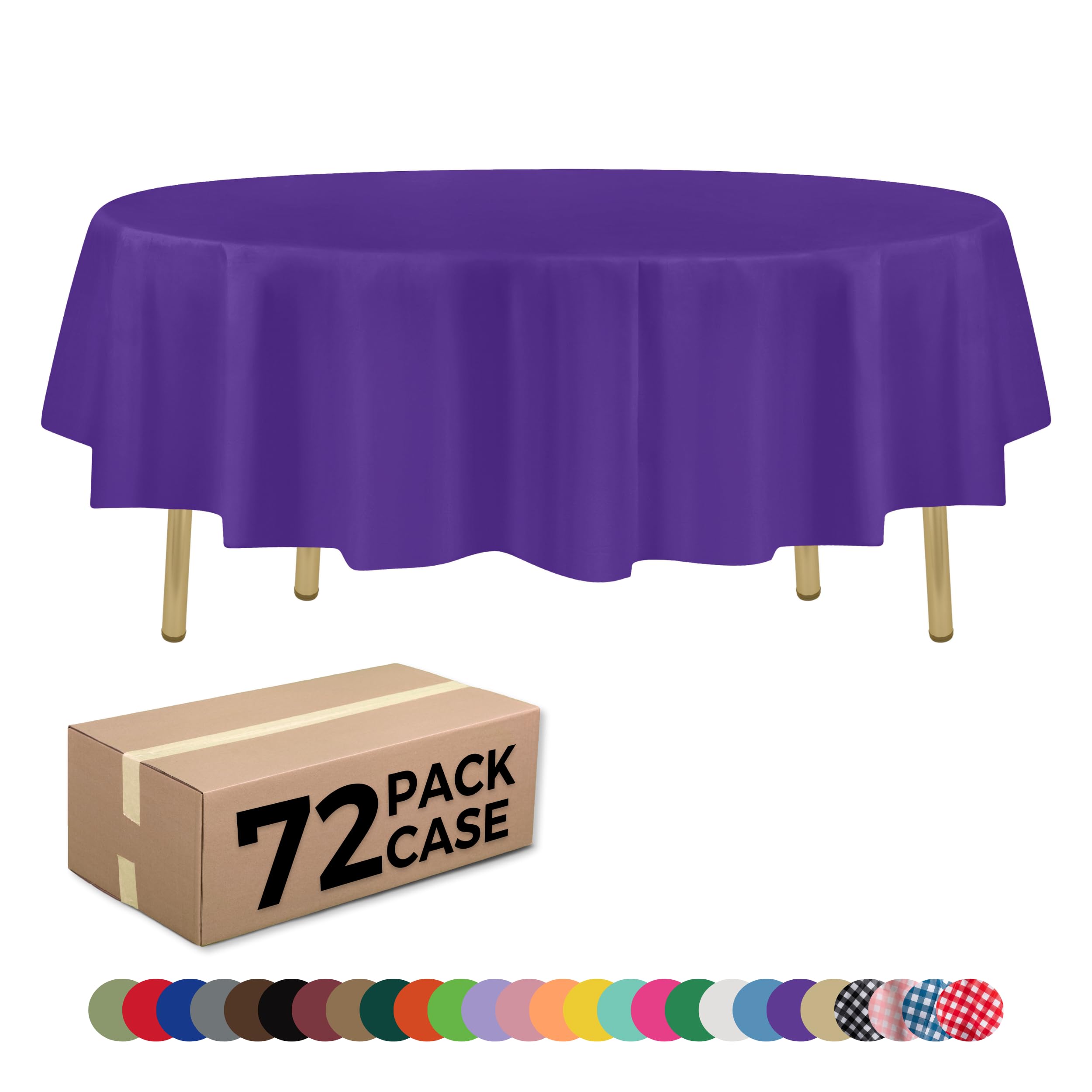 ZIMPLEWARE Purple Standard Disposable Plastic Party Tablecloth [Case of 72] 84 x 84” Round Table Cover for Indoor & Outdoor Use