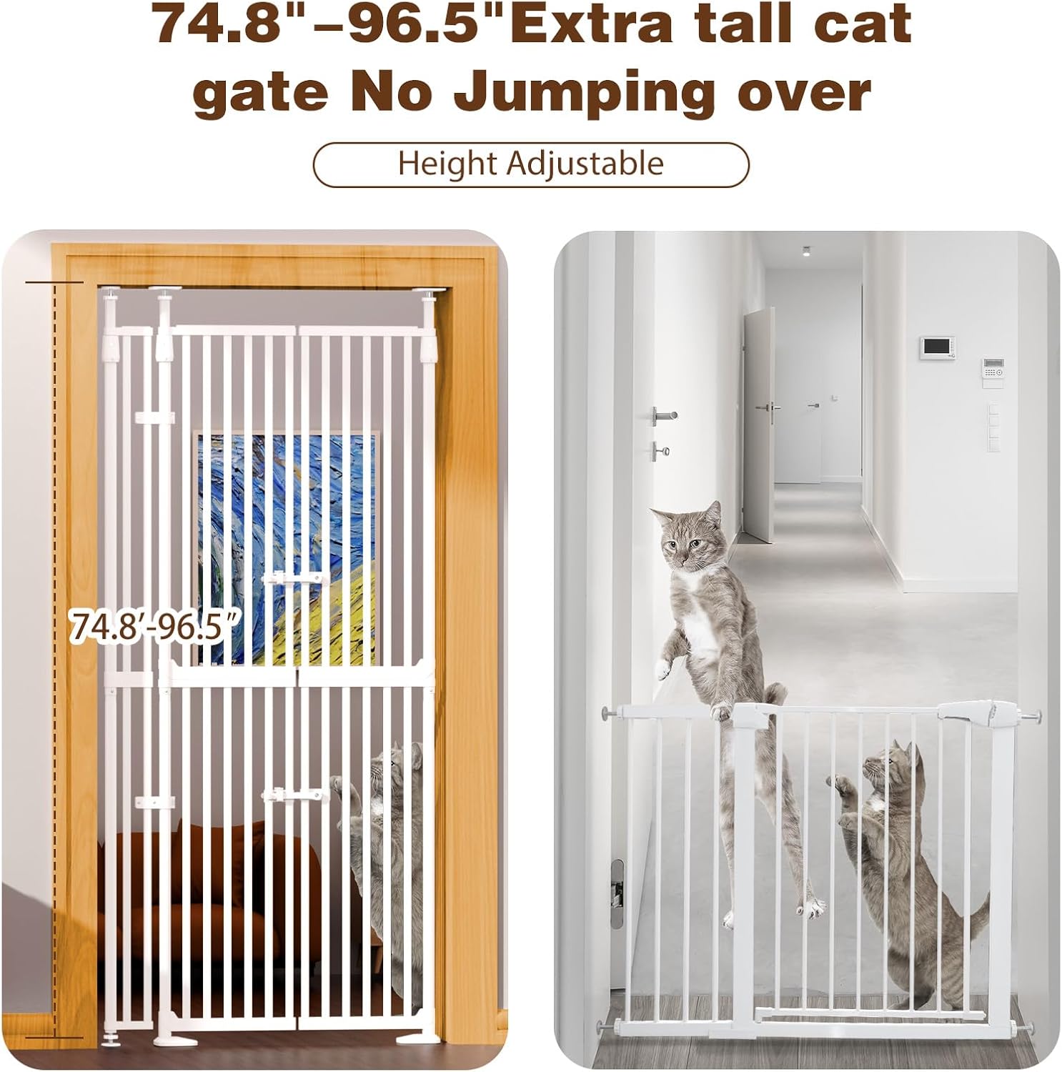 74.8"-90.5" Extra Tall Cat Gate for Doorway, Auto‑Close, No‑Drill Pressure‑Mount with 3 Support Pillars & Double‑Door, Fits 30.3–38.2″ Openings, 1.37″ Narrow Gap, Extension Kit Included, White