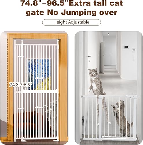 Miniatura 3 de Puerta para gatos extra alta de 74.8"-90.5" para puerta, cierre automático, montaje a presión sin taladro, con 3 pilares de soporte y puerta doble,