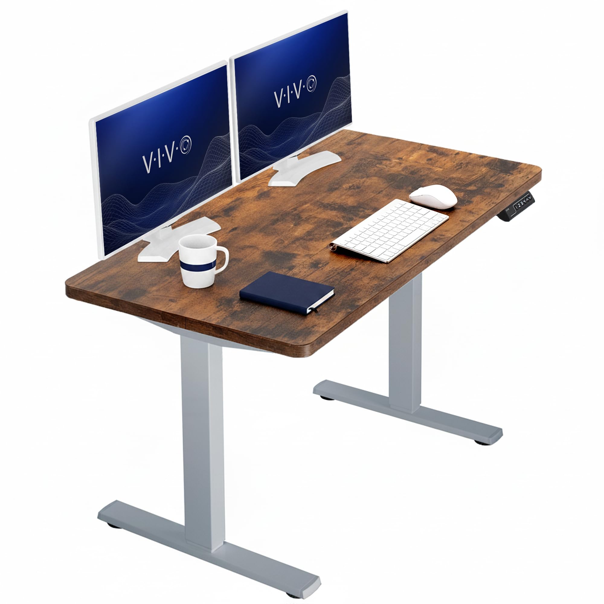 VIVO Electric 43 x 24 in Rustic Standing Desk, Memory Height Adjustment, 1B Series, Holds 220 lbs, One-Piece Vintage Brown Top, Gray Frame, DESK-KIT-1G4N