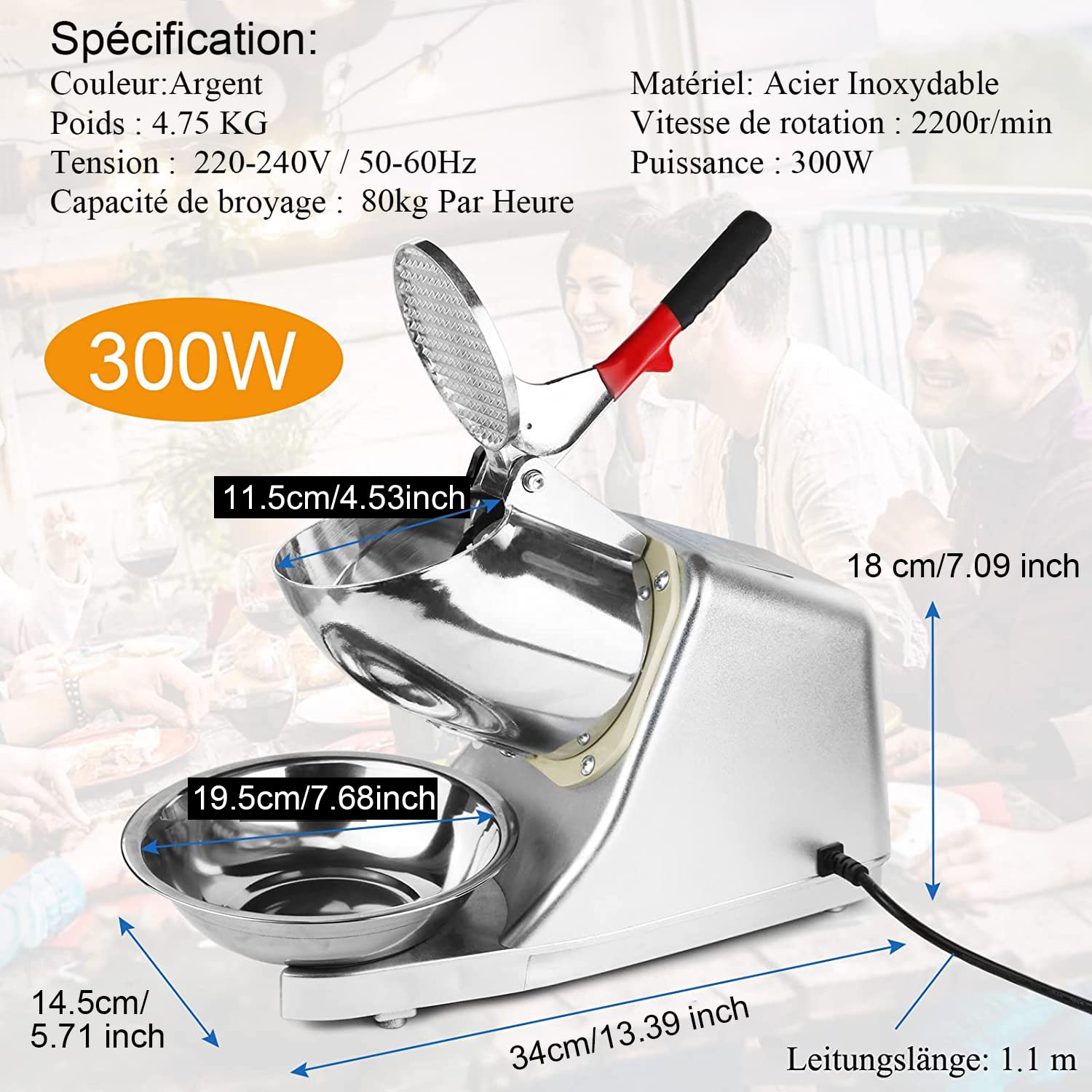 Broyeur à Glace Electrique,Machine à Glace pilée 300 W, 220 V-240 V,Snow Cone Maker Machin Volume de Glace concassée 65 kg/h,Convient à de commerce et de ménage(plata)