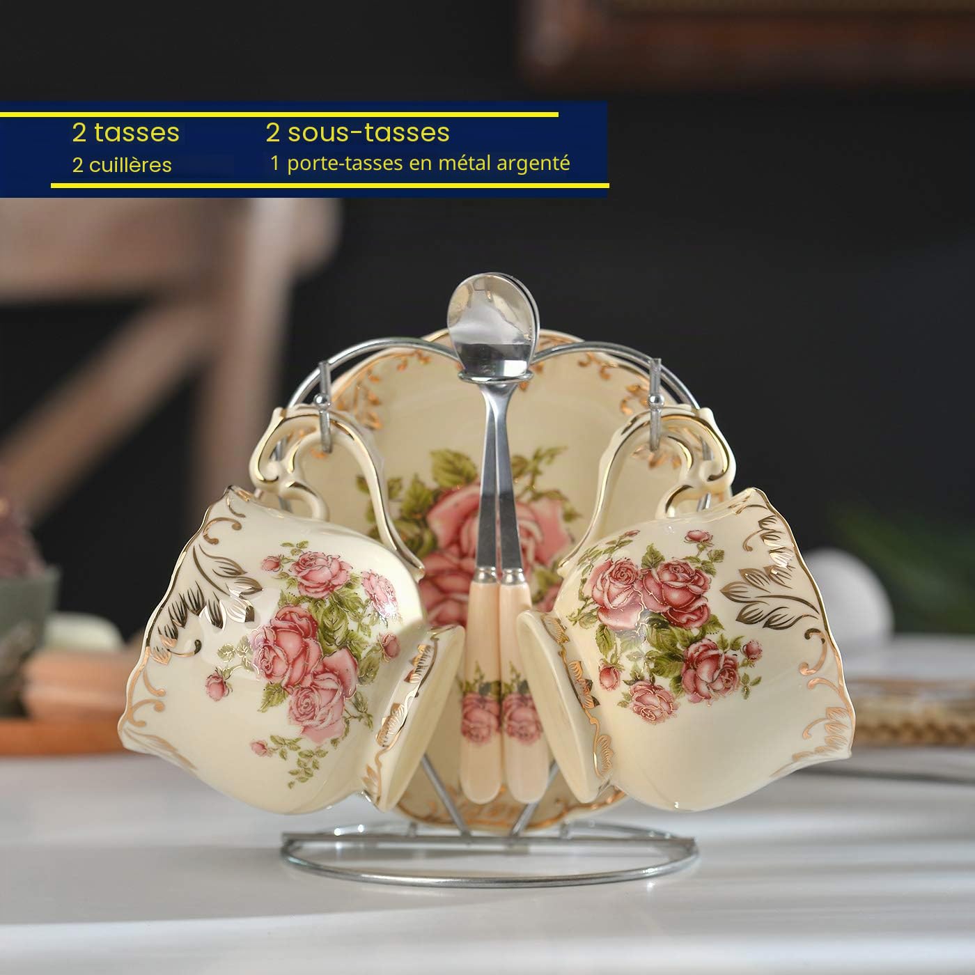 Yolife Floral Tasse à thé et Soucoupe Set, Vintage Ensemble de Service à thé 2 Cup Rose Pattern Ivoire
