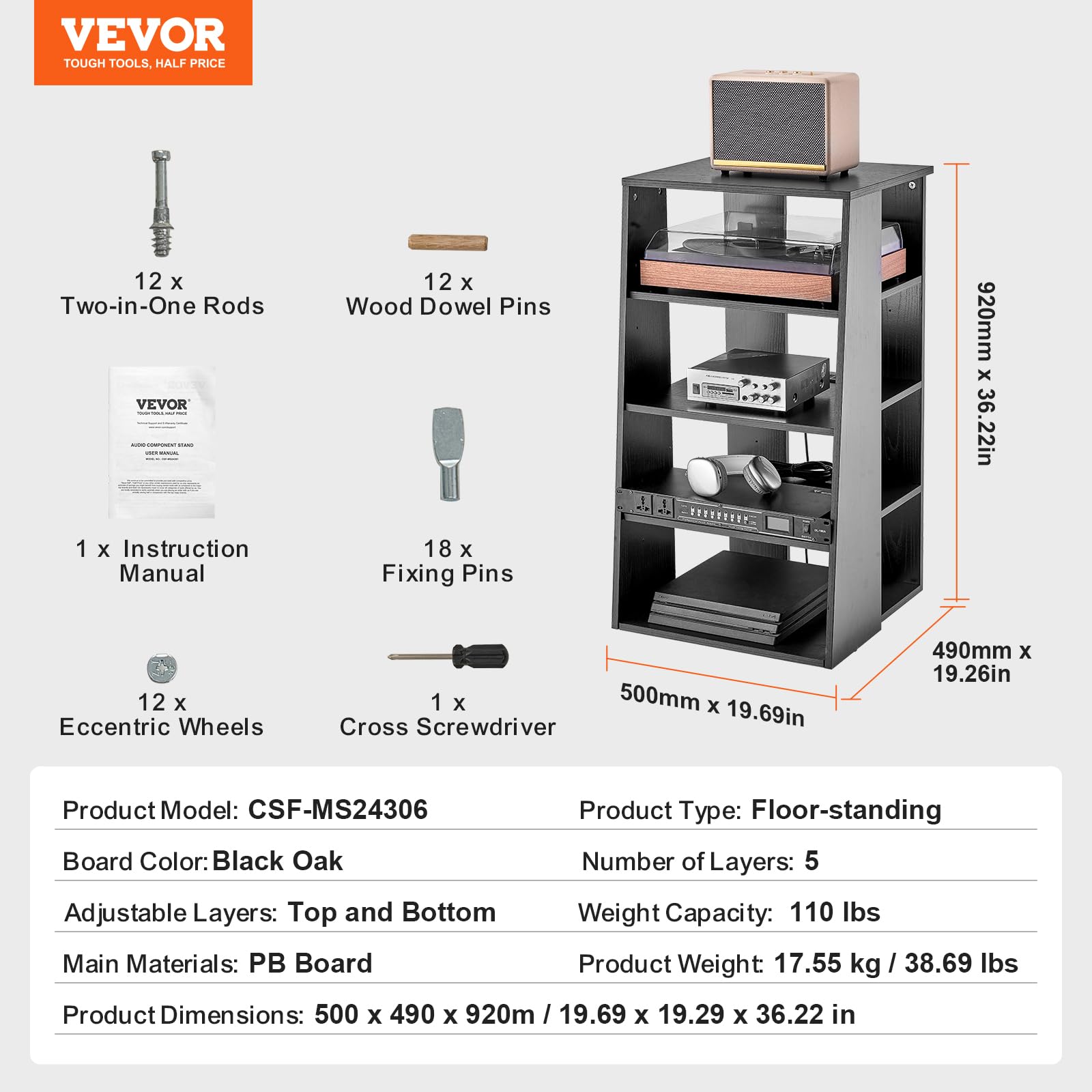 VEVOR Meuble Audio Visuel 5 Niveaux, Étagère Multimédia en Bois, Support Multimédia avec Hauteur Réglable, pour Lecteurs DVD/Décodeurs de Câbles/Consoles de Jeux, Salle d'Enregistrement, Noir
