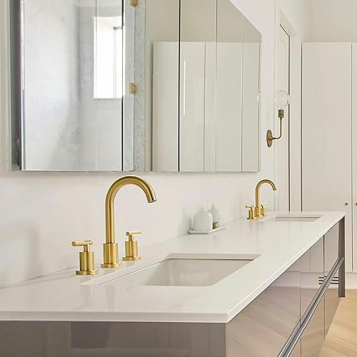 Miniatura 6 de Grifo de baño dorado cepillado de 3 agujeros, 8 pulgadas, grifos de lavabo de baño de 2 manijas, grifo de tocador dorado con drenaje emergente y