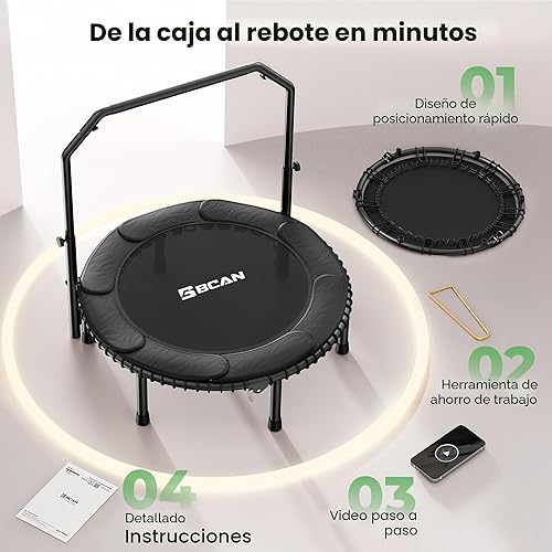 Miniatura 7 de BCAN BT2 450/550LBS Mini Rebounder Trampoline for Adults with Bar, Fitness Trampoline with Bungees, Adjustable Handle, Stable & Quiet, Indoor