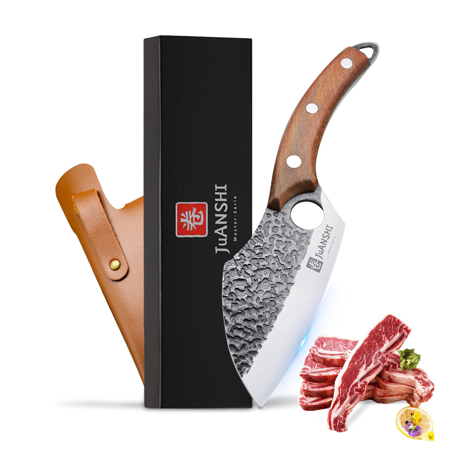 JUANSHI® Handgeschmiedetes Ausbeinmesser 14,3 cm, Professionelles Wikinger Kochmesser aus Hochwertigem Edelstahl, Extrem Scharfes Küchenmesser zum Entbeinen von Fleisch, Fisch und Geflügel