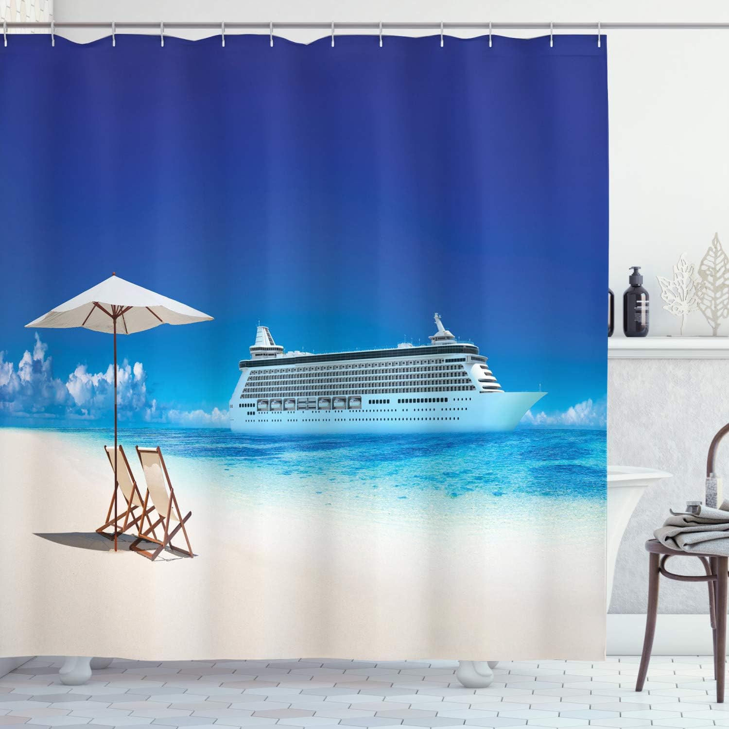 Ambesonne Seaside Shower Curtain, Summer Beach Cruise Boat Trip Tourism Transportation Tranquil Nautical Outdoor, Cloth Fabric Bathroom Decor Set with Hooks, 69" W x 70" L, Blue and White