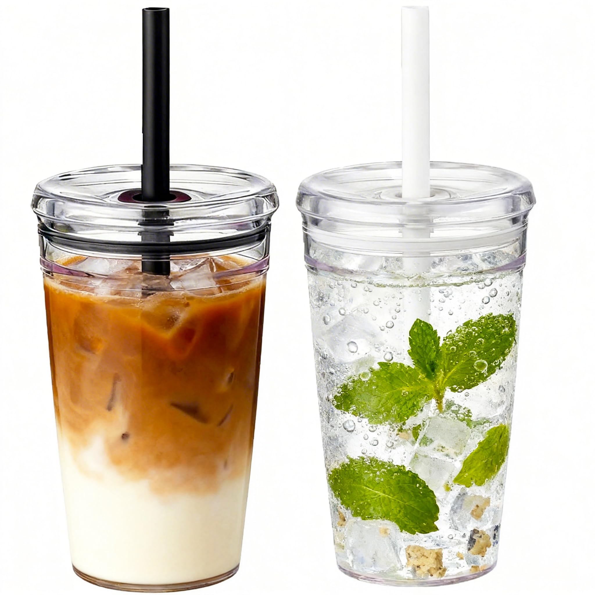 Yisituo 2 Pack 450ml Clear Plastic Iced Coffee Travel Cups, Reusable with Lids and Straws, for Cold Hot Beverages (2, Black, White)