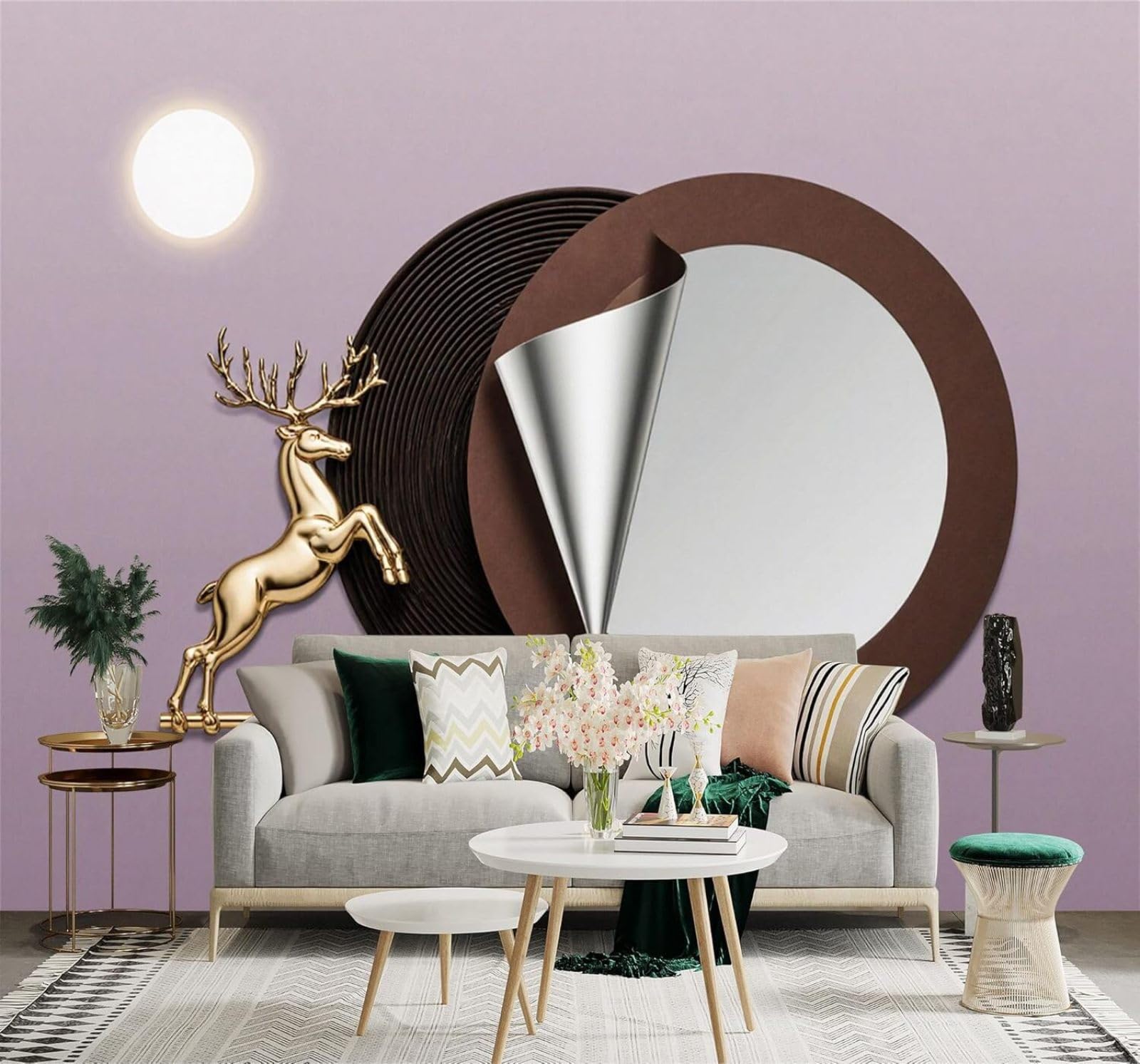 XLMING Golden Deer Moon Abstract Geometric Circles Art 3D Wallpaper Silky Texture Home Study Office Grey Dining Room Sofa Bedroom Living Room TV Backdrop-400cm×280cm