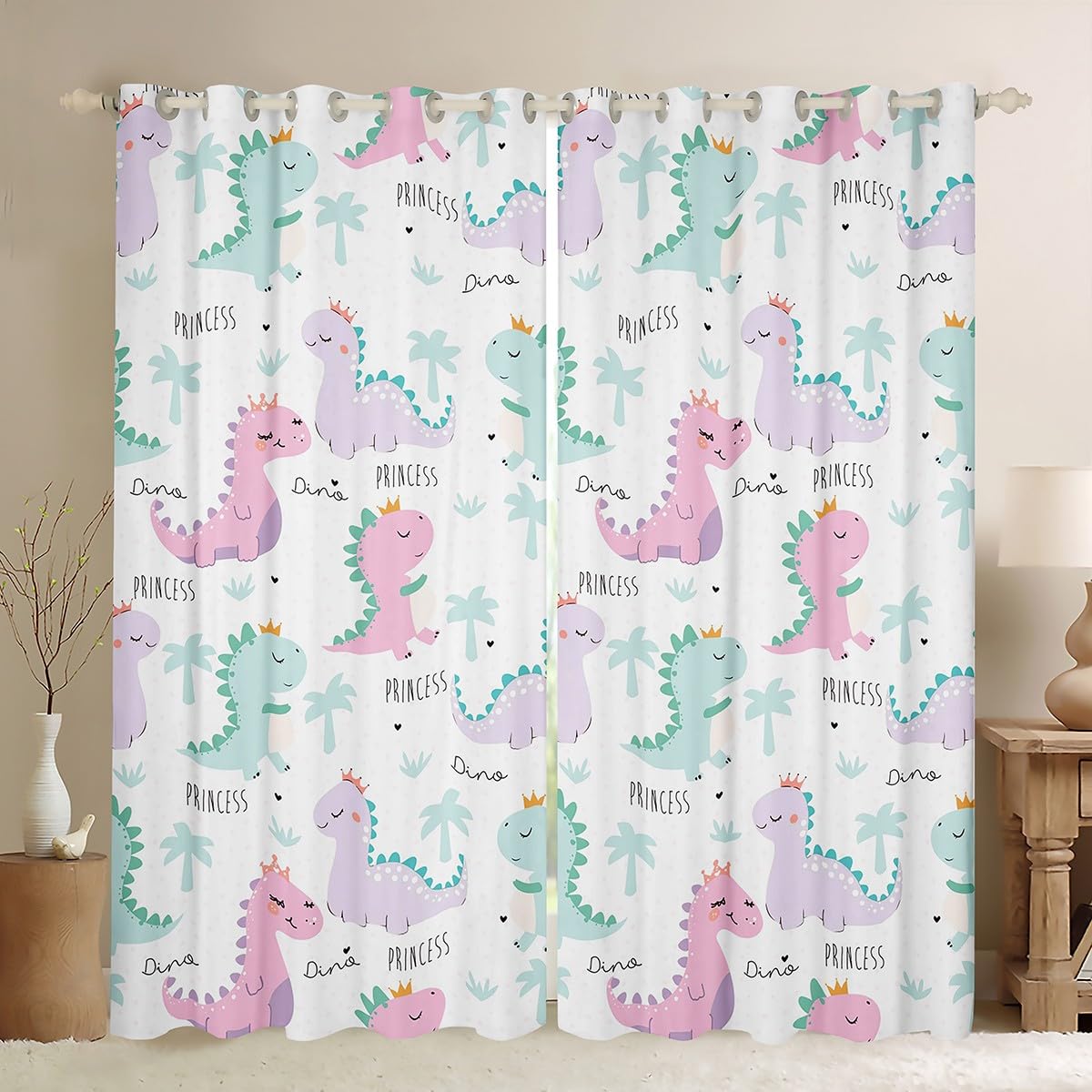 Erosebridal Dinosaur Window Curtains Pink Purple Dinos Curtain Panels for Kids Girls Cartoon Window Drapes Series Lovely Cute Animals Window