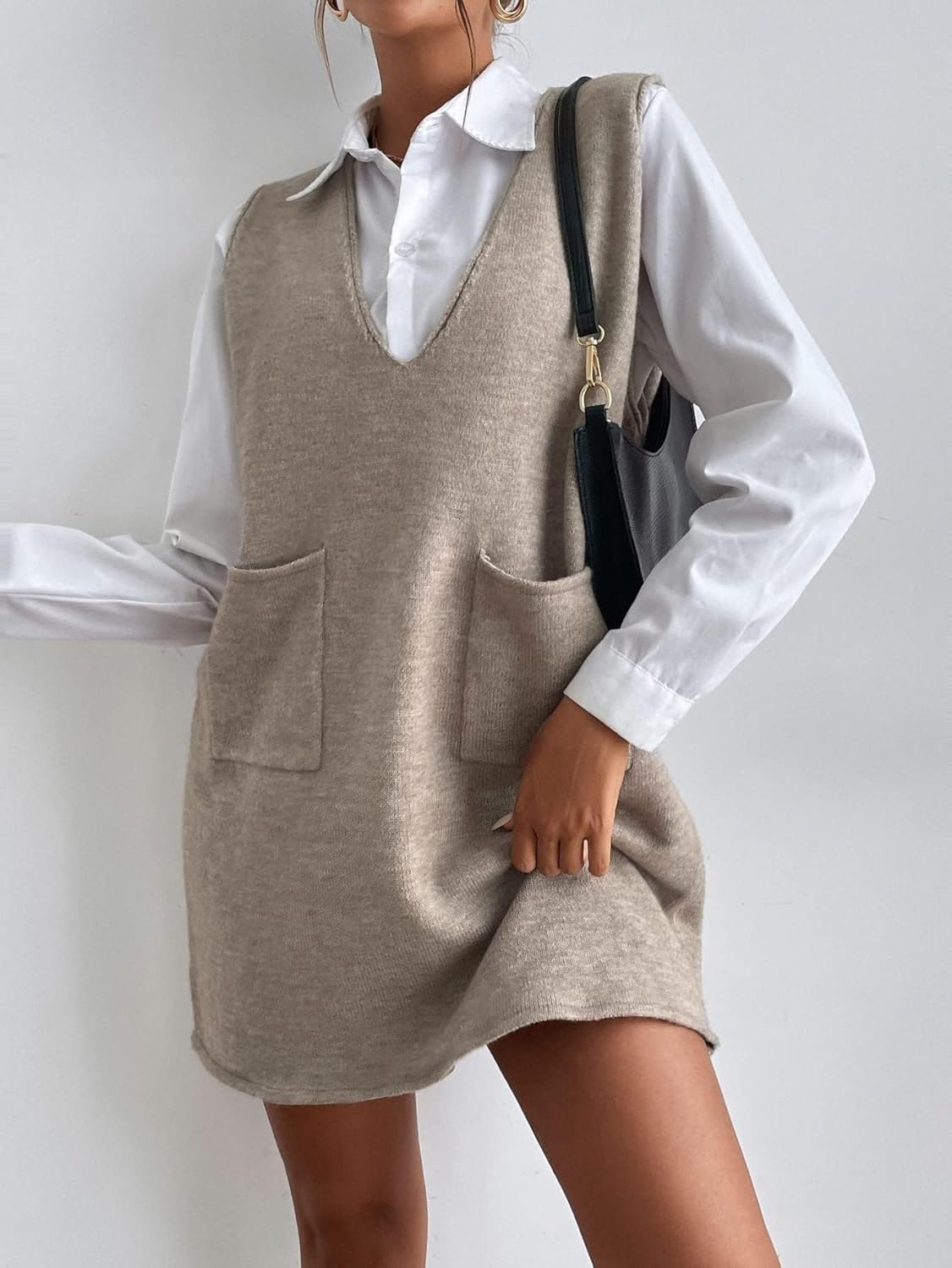 Women's V Neck Sleeveless Sweater Dress Long Knit Vest Oversized Casual Pullover Sweater Knit Dress with Pockets - Image 2