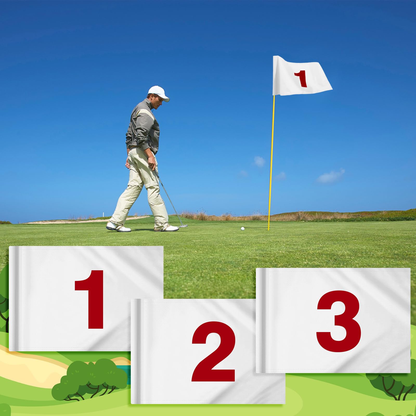 9 Stück große nummerierte Golfflaggen mit Schlauch eingesetzt, 50,8 cm L x 35,6 cm H, übergroße Putting grüne Flaggen, weiße Nummer 1-9, 420D Nylon-Flagge für Hof, Innen- und Außenbereich, Hinterhof,