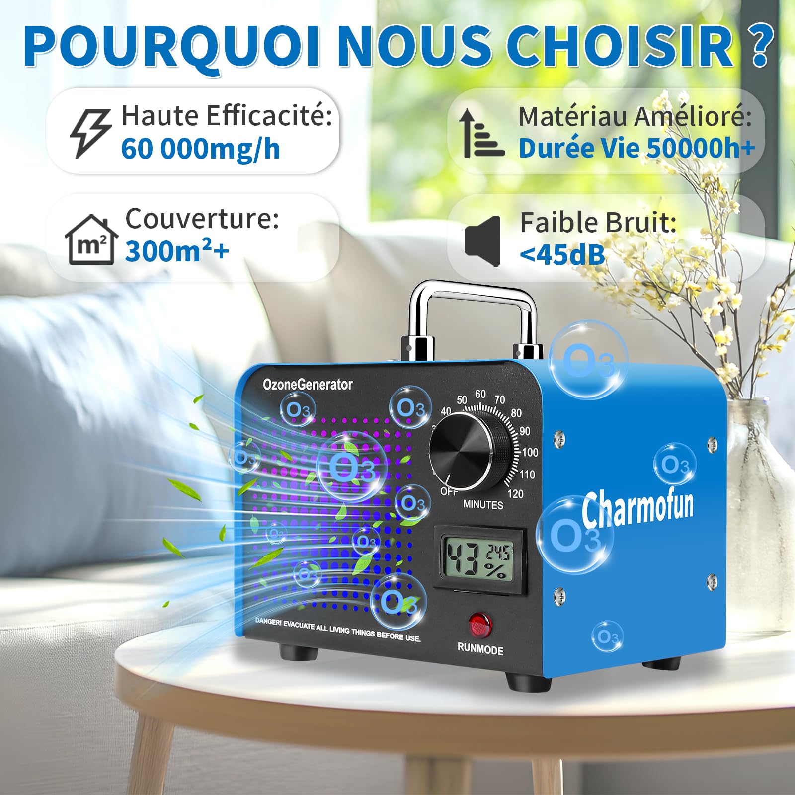Charmofun Générateur d'Ozone Domestique 60000 mg/h, Machine à Ozone avec Affichage de la Température et de l'Humidité, Générateur d'Ozone Purificateur d'Air pour Cuisine, Voitures, Fumée (Bleu)