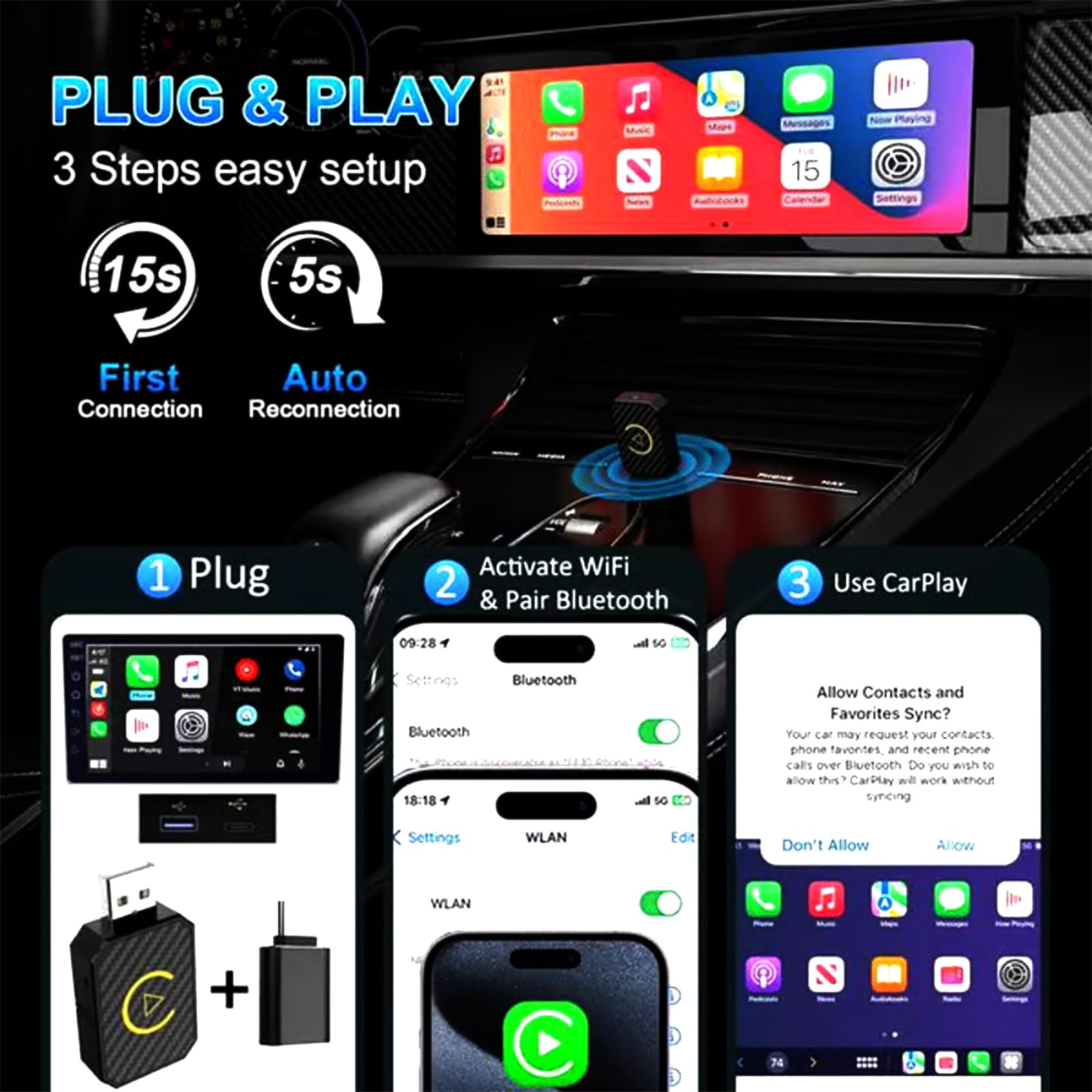 Adattatore per Carplay e auto, Convertitore CarPlay/Android Auto Cablato in Wireless, USB C/A, Plug and Play, Stabile
