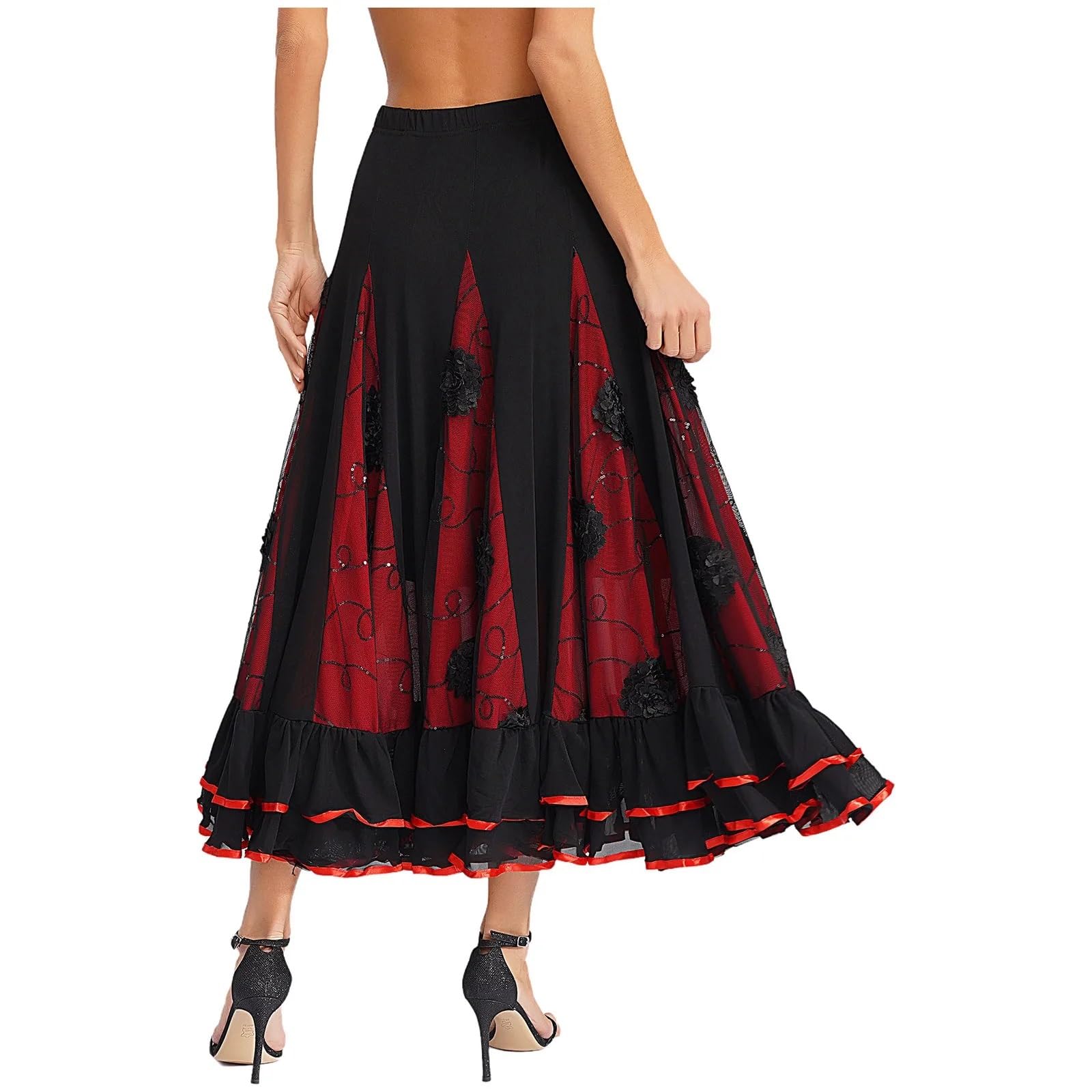 Falda Flamenca Mujer Faldas largas con Volantes y Lentejuelas for Mujer, Traje clásico for Flamenco, vals español, Baile de salón, Faldas largas con Flores y Lentejuelas.(Black)