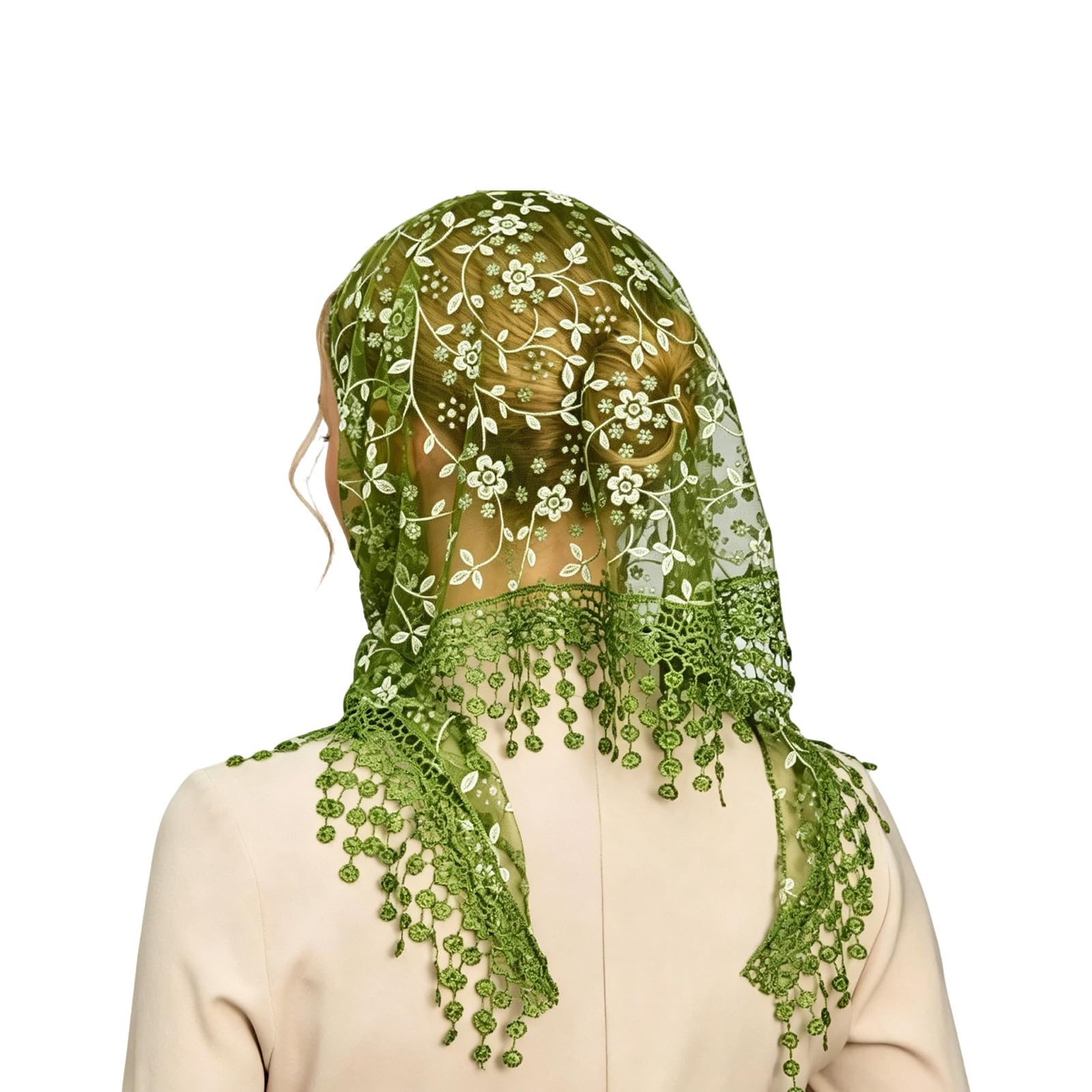 ffzdena Green Fringe Triangle Lace Church Veil for Women, Polyester Head Covering Scarf Bandana, Religious Face Veil, 1 Piece-picture-52