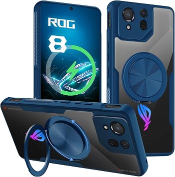 HikerClub for ASUS ROG Phone 8, ROG Phone 8 Pro 2024 Case with Stand Ring 360 Degree Rotating, Transparent PC Back and TPU Silicone Blue Slim Soft Edges Shockproof Anti-Slip Bumper Protective Cover