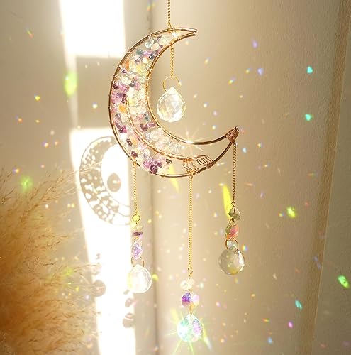 Miniatura 5 de Crystal Moon Suncacher - Atrapasueños para ventana de interior, prisma de cristal luna, atrapasueños de cristal, piedras curativas naturales,