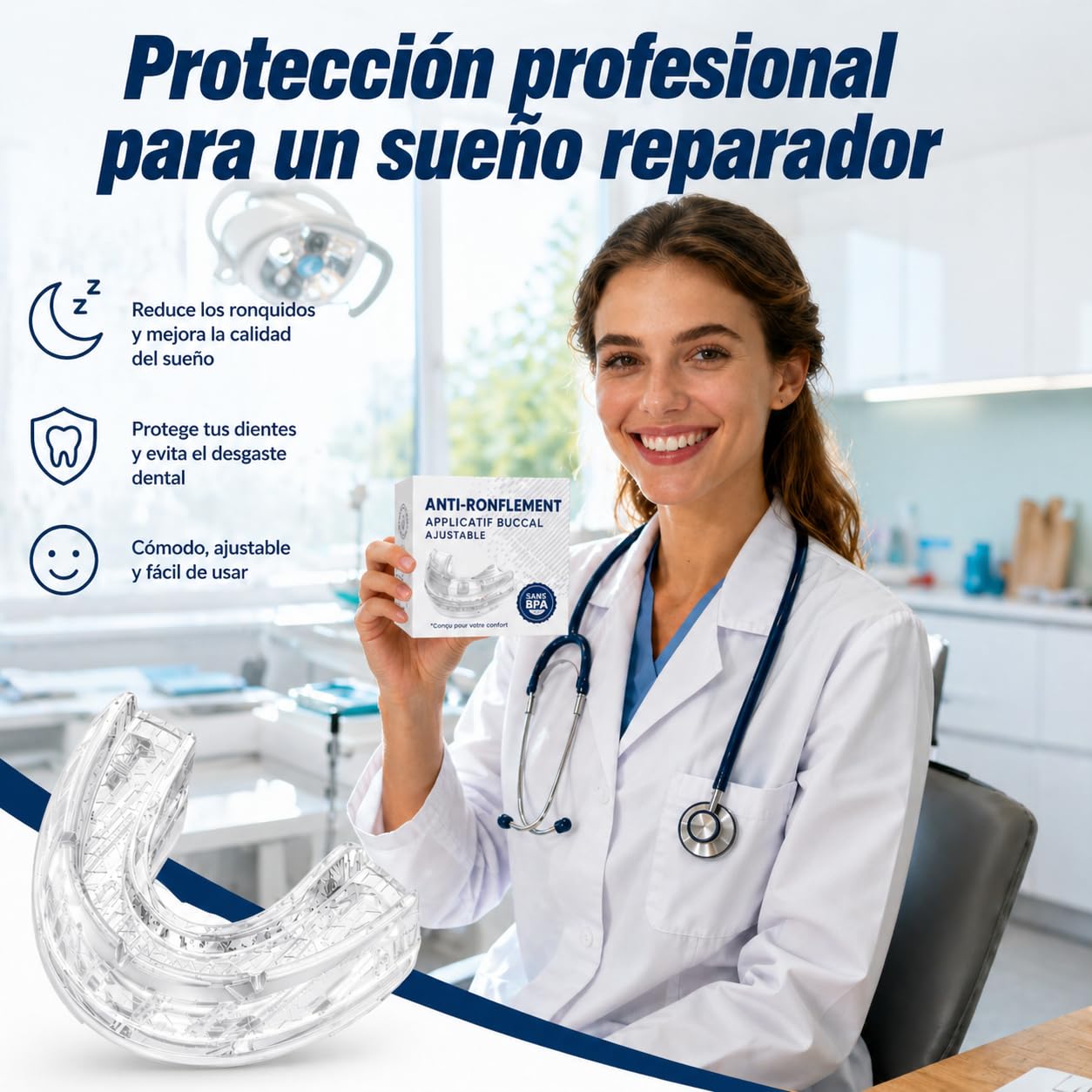 Avanzado Dispositivo Antironquidos – Férula Anti Ronquidos para Dormir, Solución Eficaz para Combatir los Ronquidos y Mejorar la Respiración Nocturna, Blanco Transparente
