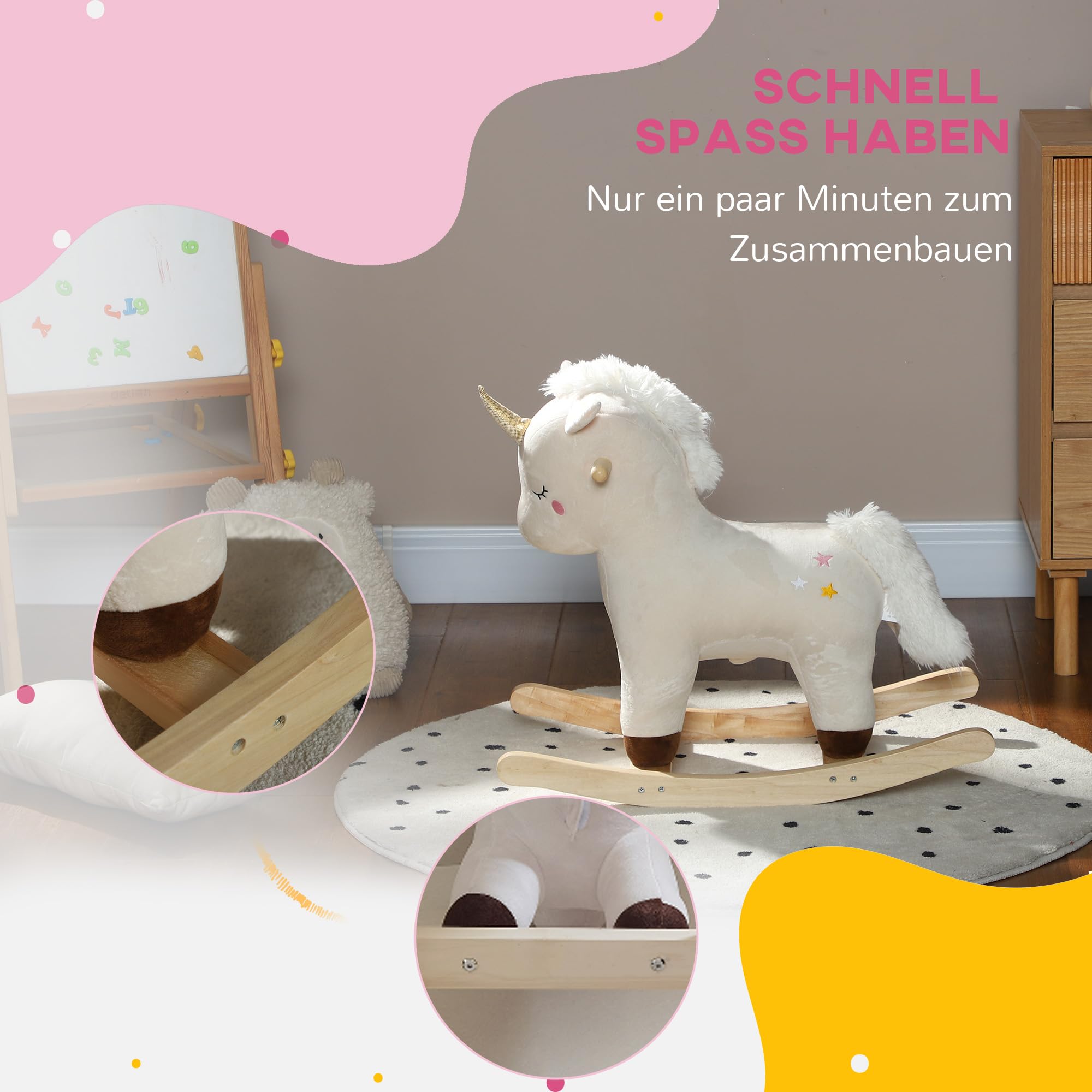 AIYAPLAY Schaukeltier Baby Schaukelstuhl Sound Schaukelpferd Einhorn Weiß | Schuakelsitz, Unicorn Design, Schaukelspielzeug für Kleinkinder ab 2 Jahre, Plüsch