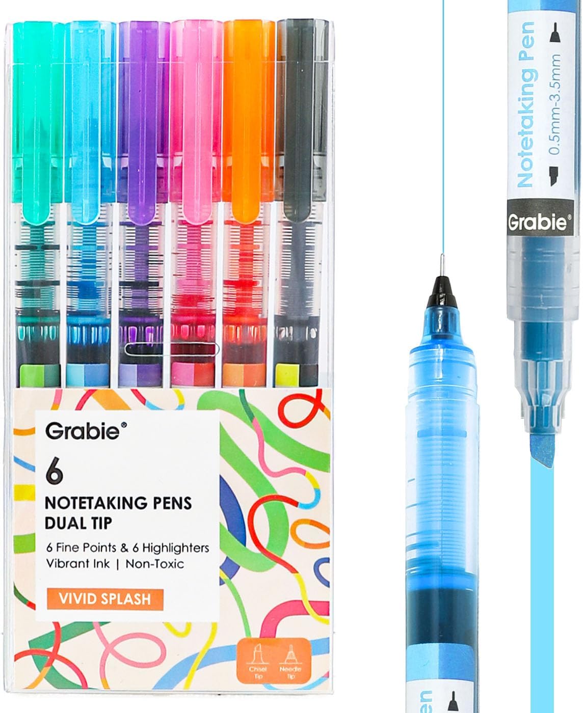 Grabie Dual Tip Notetaking Pens (3.5mm Chisel + 0.5mm Needle), Dual Tip Highlighter Markers for Journaling, Colored Pens for Note Taking and Adult Coloring Books (Vivid Splash)