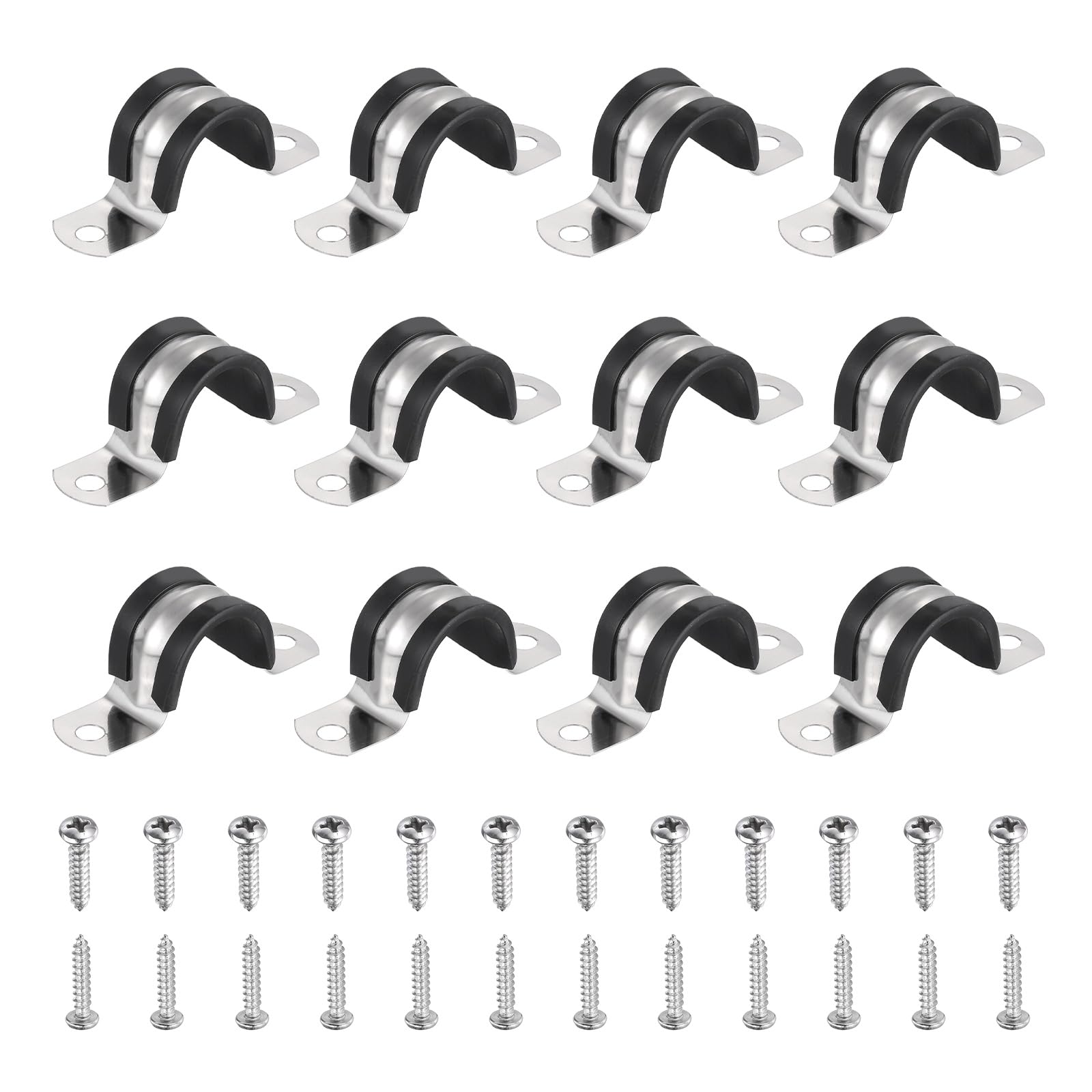 sourcing map 12Pcs 22mm Pipe Clips, 304 Stainless Steel Rubber Coated Cushion Pipe Strap Clamp U-Shaped Bracket with M3x122mm Screws for Tube Hose Cable Installation, Black โ image 1
