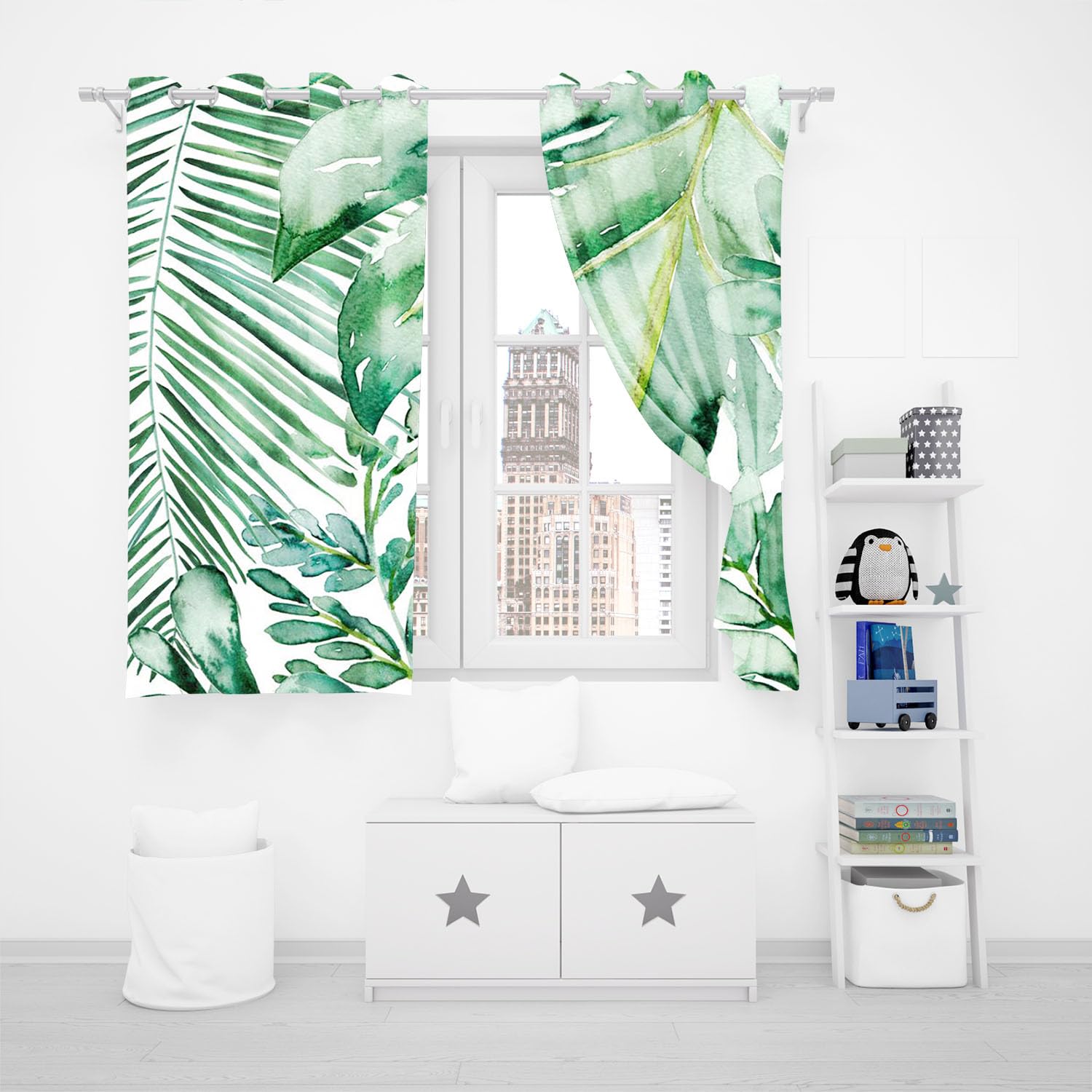 KARPIX Opaque Tropical Plants Palm Leaves Monstera Blackout Curtain Natural Theme Window Curtain with Eyelets for Children's Room (1.150 x 166 cm (2 x 75 x 166 cm)) - Image 4