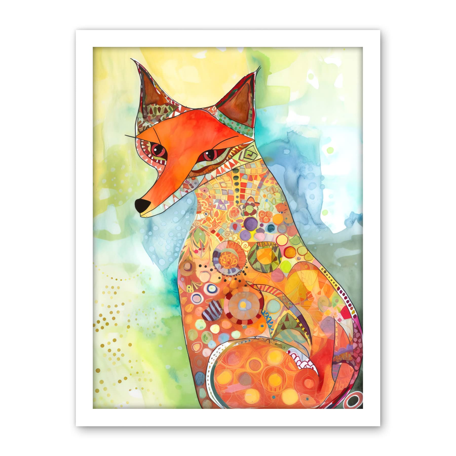 Artery8 Sitting Fox Folk Art Watercolour Painting Artwork Framed Wall Art Print 18X24 Inch