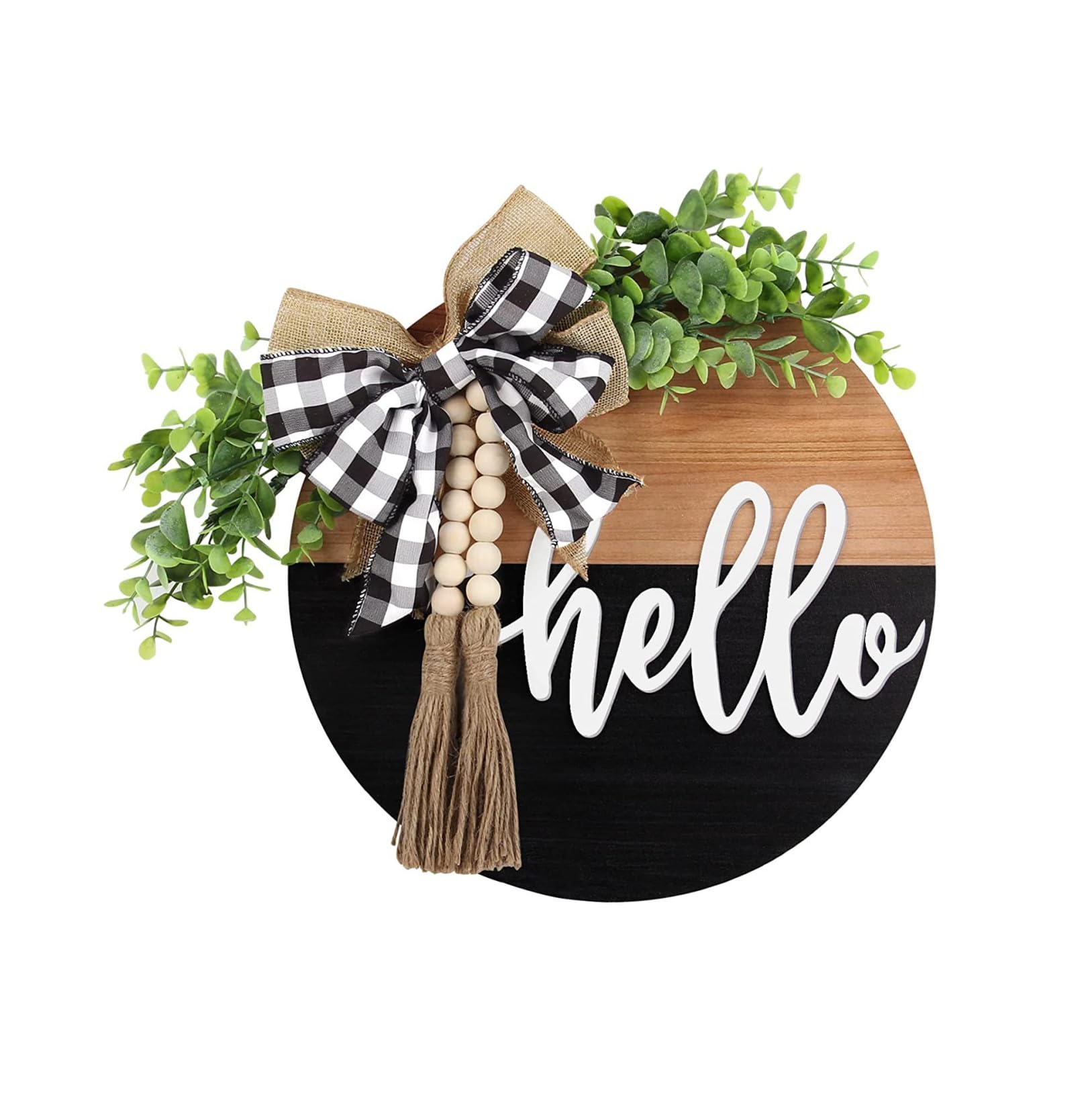 NEWOTE Hello Home Sign, Farmhouse Front Porch Welcome Wreath, 12" Wooden Round Decor, Hanging Door Decor for Home, Office, Cafe