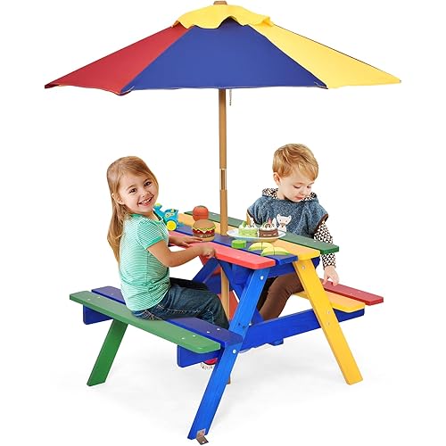 Costzon Kids Picnic Table, Fir Wood Kids Outdoor Table and Chairs with Removable Umbrella, Toddler Picnic Table for Patio, Backyard, Garden (Multicolor)
