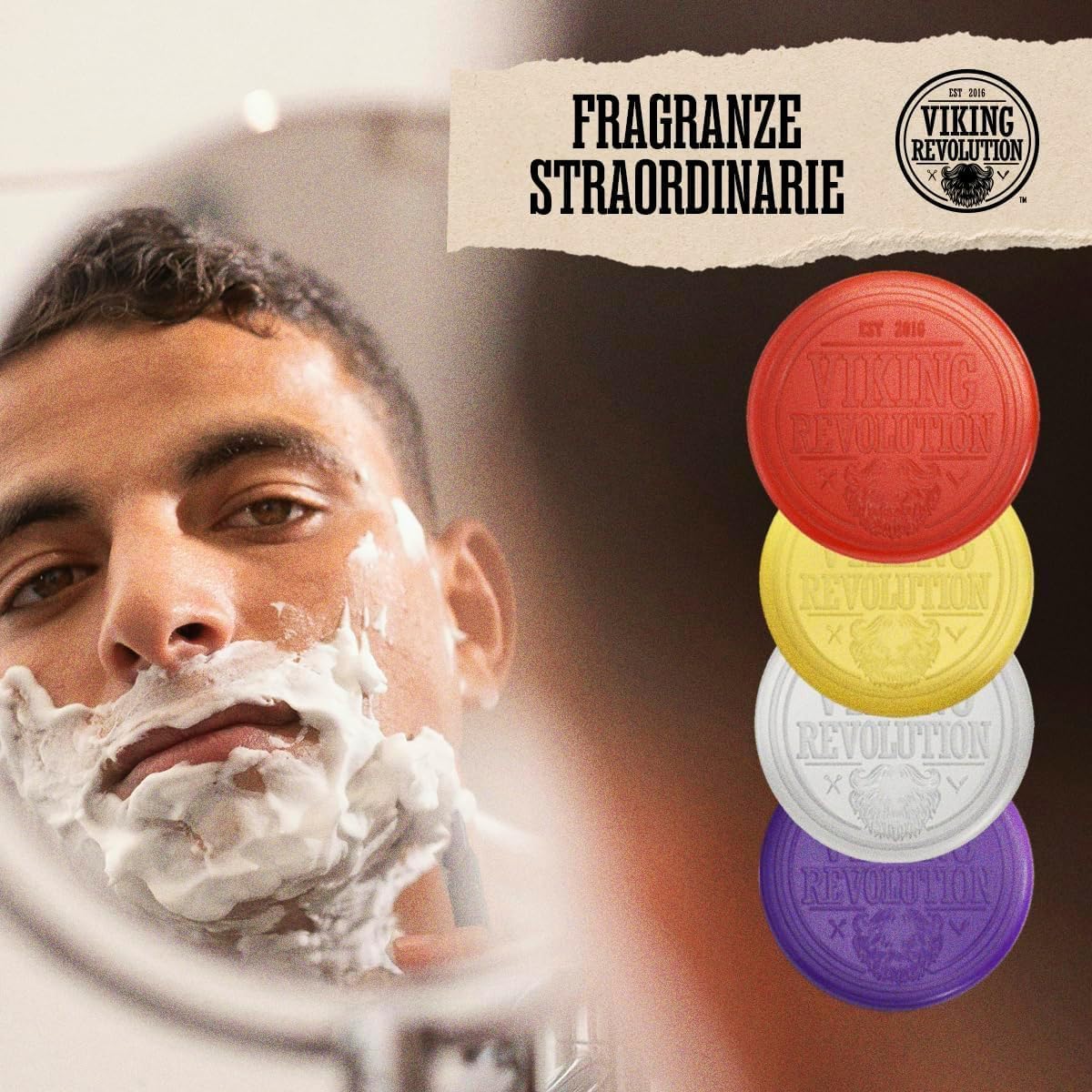 Viking Revolution Sapone da Barba Uomo - Sapone da Rasatura per Uso con Spazzola e Ciotola - Rasatura a Umido più Morbida - Confezione Assortita da 4 Saponette per Rasatura da 70 g.