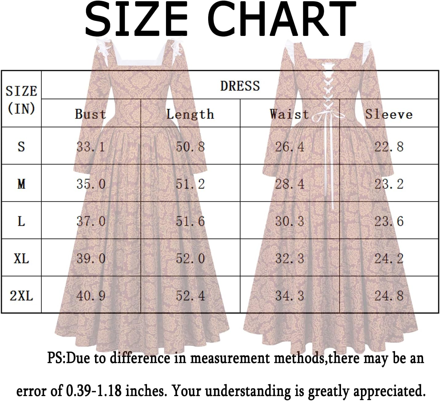 Women Medieval Renaissance Dress Damask Ball Gown Italian Square Neckline Floor-Length Victorian Dress for Halloween