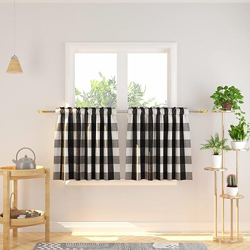 Miniatura 83 de Cortina ajustable con cenefa para ventana de cocina Buffalo Check, a cuadros, gingham, estilo granja, con bolsillo para barra, para baño, 42 x 45