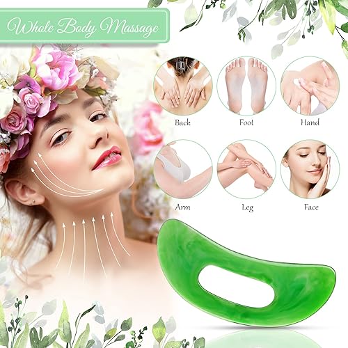 Miniatura 5 de Treela Juego de 5 herramientas faciales Gua Sha y 1 herramienta de masaje corporal Gua Sha con mango para cara, espalda, cuello, piernas, raspado