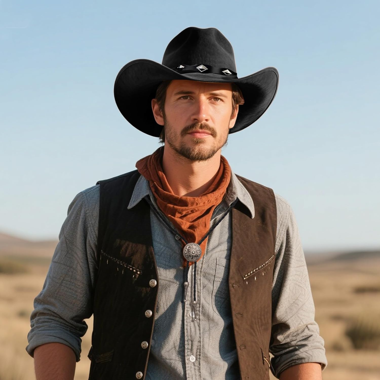 Cowboy Hats for Women and Men Cowgirl Hat Wide Brim Faux Suede Felt Western Hat with Bolo Tie for Cowboys and Cowgirls - Image 6