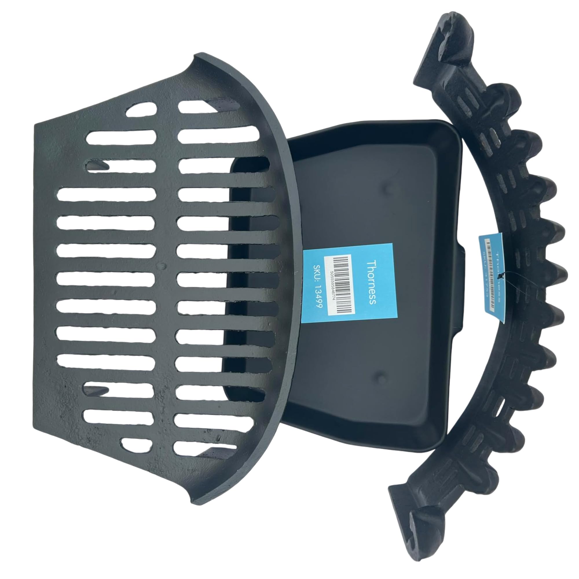 Thorness Black Heavy-Duty 18-Inch Cast Iron Grate With Castle Front & Ash Pan Set For Fireplaces Or Wood Stoves