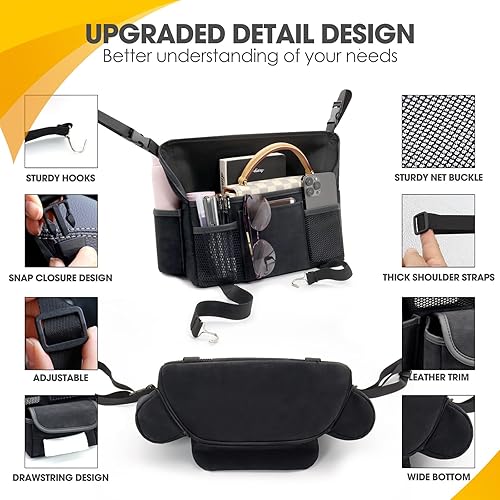 Miniatura 9 de Bolsa de almacenamiento de coche negra entre asientos, bolsa de almacenamiento de coche de gamuza de gran capacidad, 7 compartimentos, teléfono,