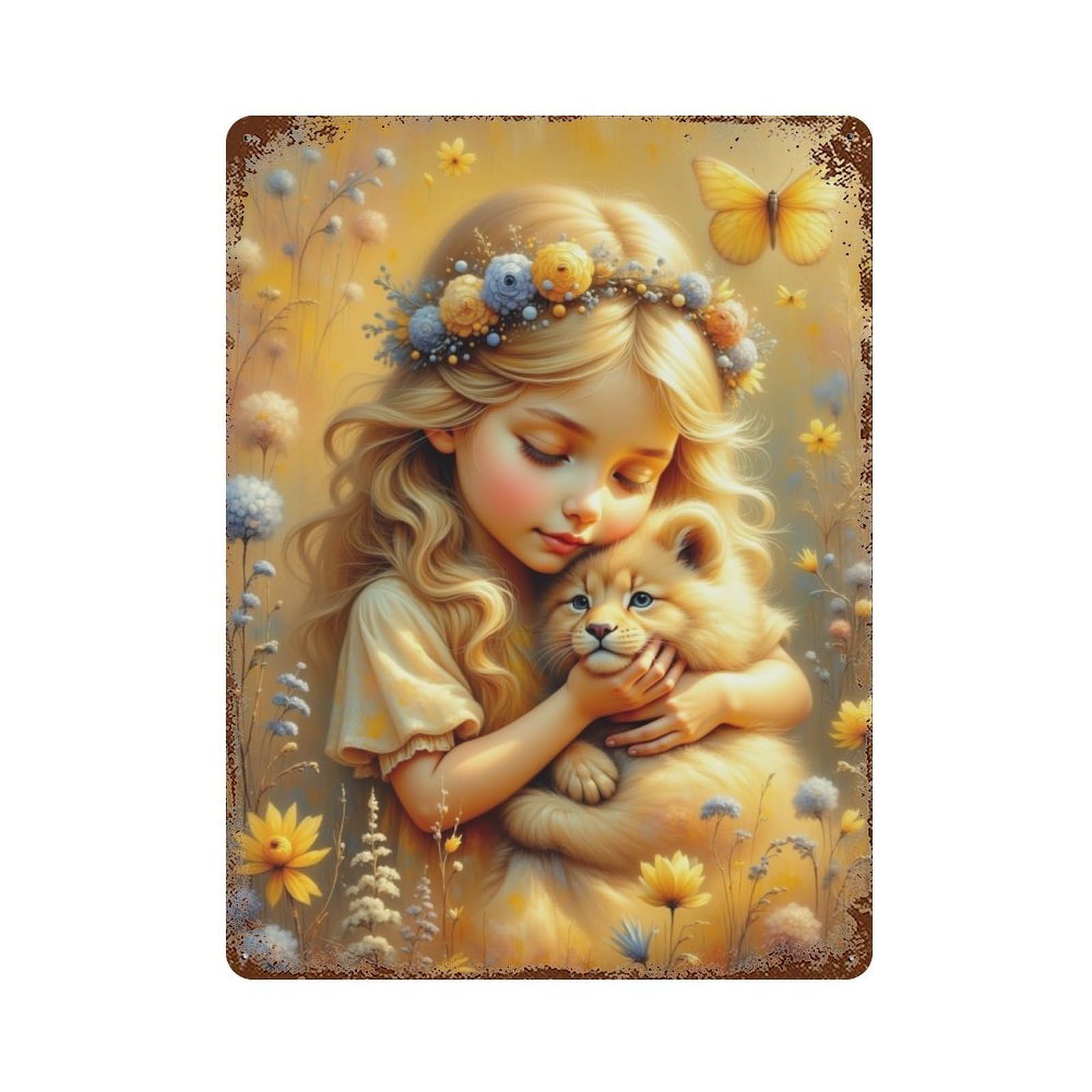 Enchanted Garden with Lion Cub Rustic Tin Plaque 15.7"x11.8", Rustic Home Decor for Office, Studio And Wall Decor