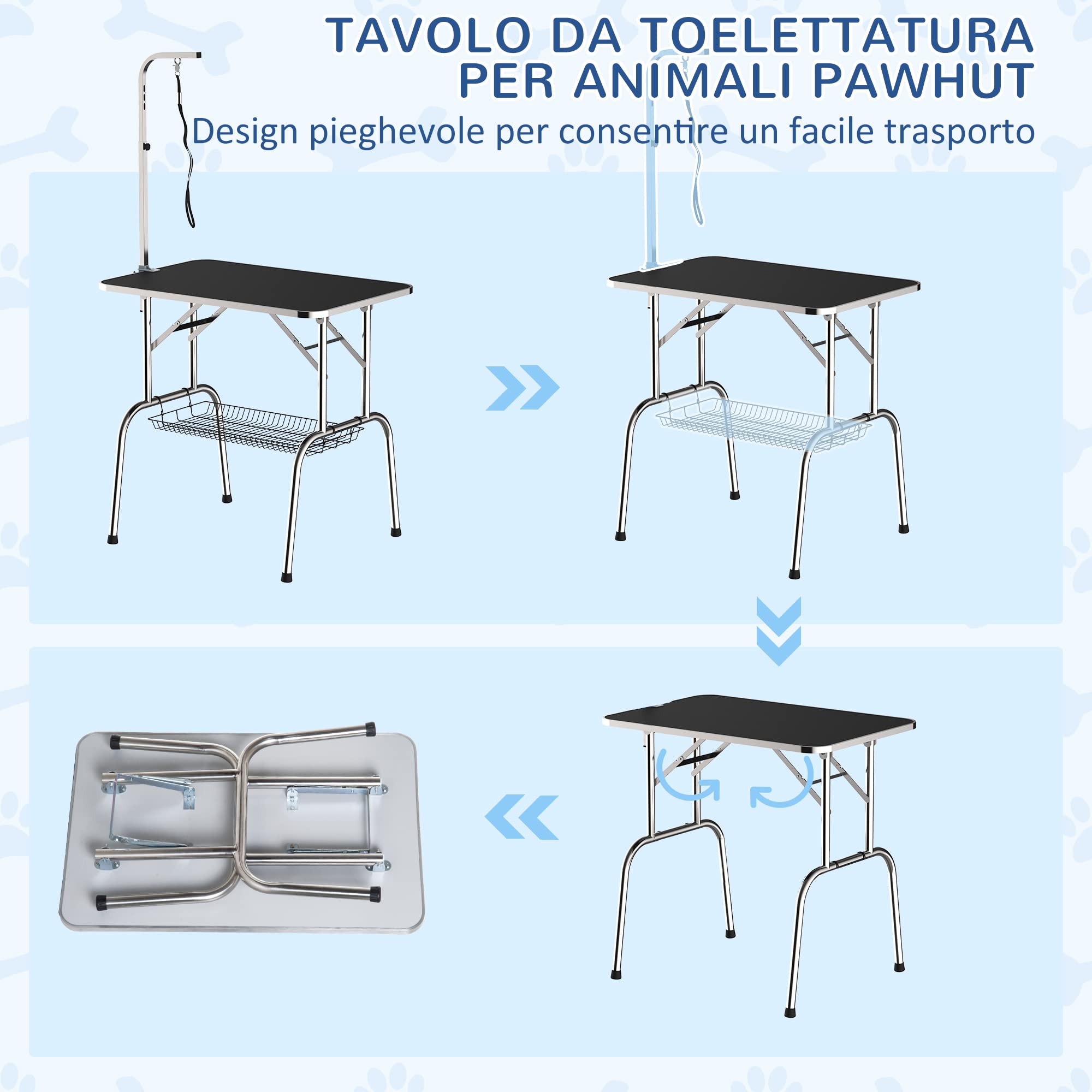 PawHut Tavolo da Toelettatura e Tosatura con Ripiano e Gambe Pieghevole | per Cani, Gatti e Animali, Gambe in Acciaio Inox, Carico 150kg, 90x60x75cm
