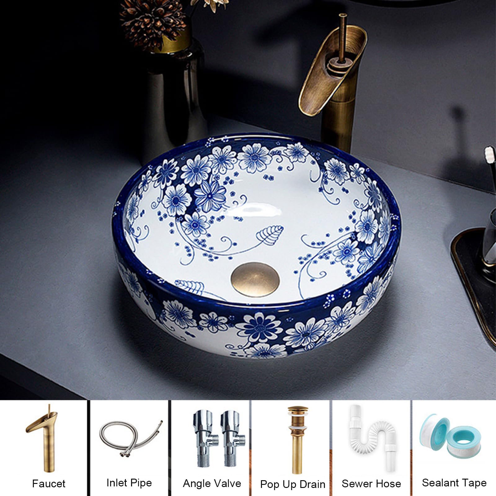 35 Cm Okrągła Umywalka Ceramiczna Nablatowa Z Białym I Niebieskim Wzorem - Nowoczesna Umywalka Nablatowa Do Łazienki, Mała Porcelanowa Umywalka Nablatowa Z Baterią