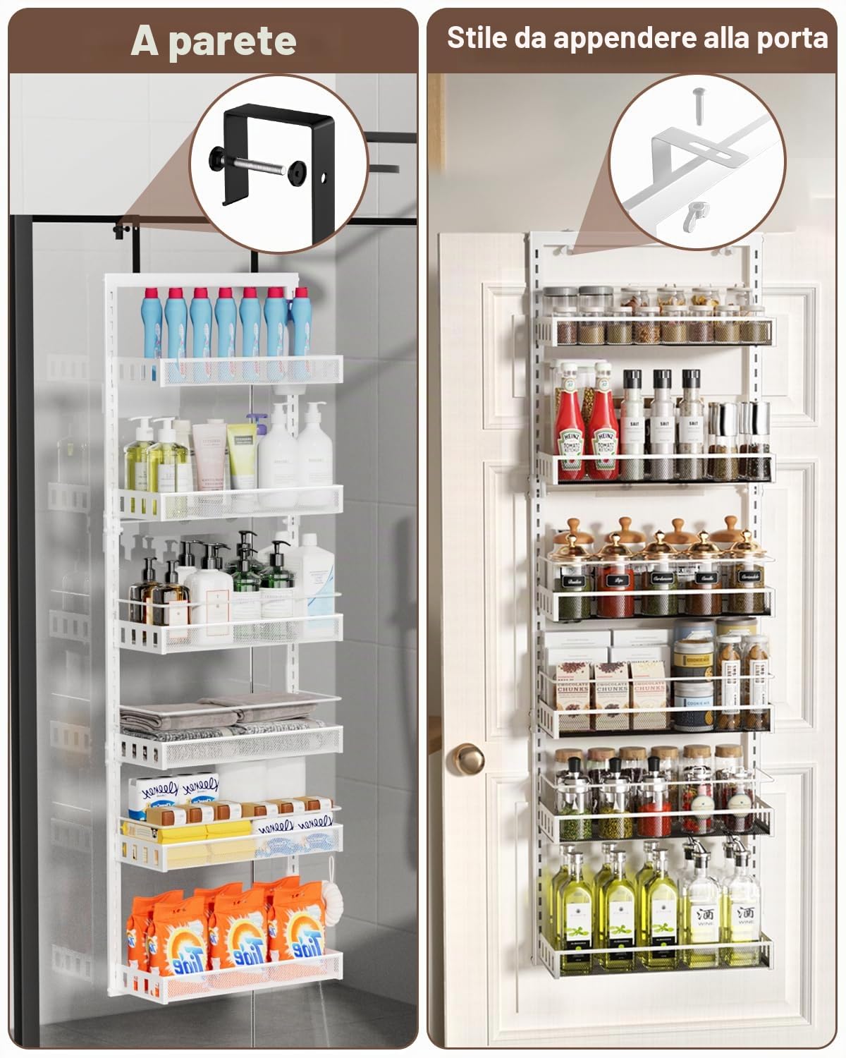Scaffale di Stoccaggio Sopra la Porta, 6 Livelli Regolabili Organizzatori Dietro la Porta per Ogni Livello, Porta Posteriore in Metallo Appendiabiti per Spezie per Cucina Dispensa Bagno, Bianco