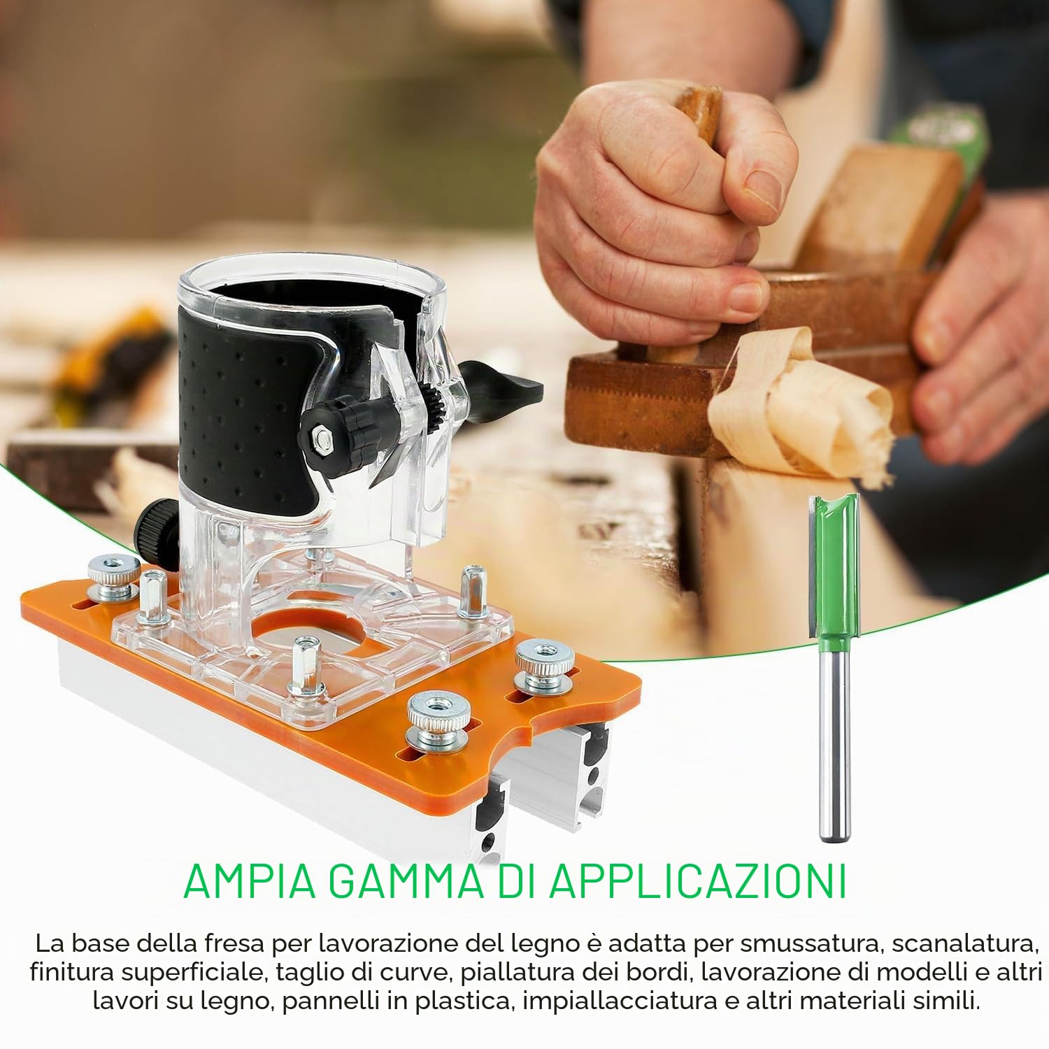 2 in 1 Fresatrice Verticale Legno Piastra di Base, Rifilatore per Legno con Cesto di Fresatura e Piastra di Base in Lega di Alluminio, per Trimmer da 65 MM