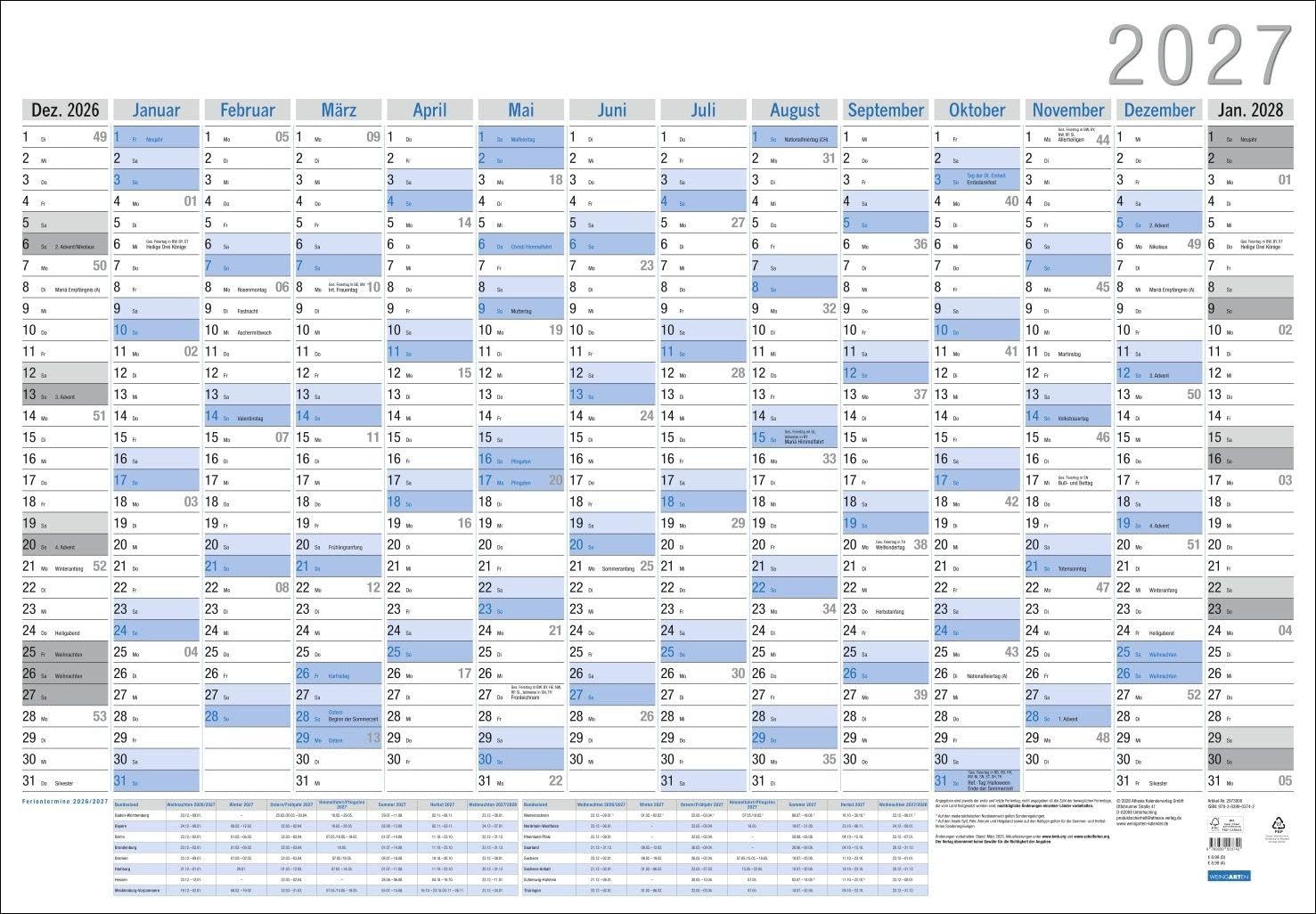 Wandplaner Neutral 2027: Großer Jahresplaner. Wandkalender 2027 zum Eintragen. XXL Büro-Kalender mit Ferienterminen und Feiertagen. 98 x 68 cm