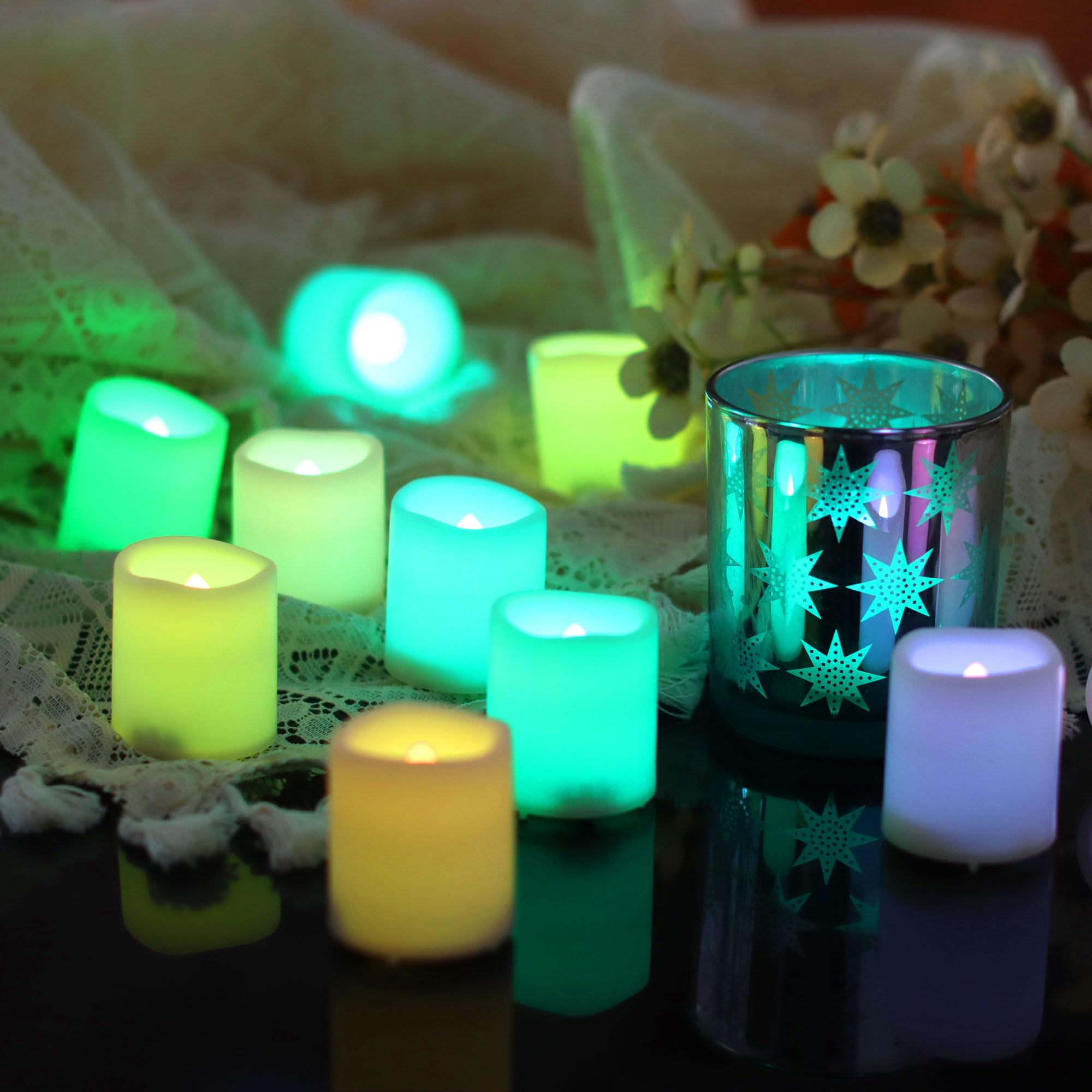 CANDLE CHOICE Zmieniające się kolory bezpłomieniowe świece wotywne na baterie, jasne, migoczące, wielokolorowe światła LED, dekoracje weselne, dekoracje świąteczne, baterie, w zestawie 24 szt